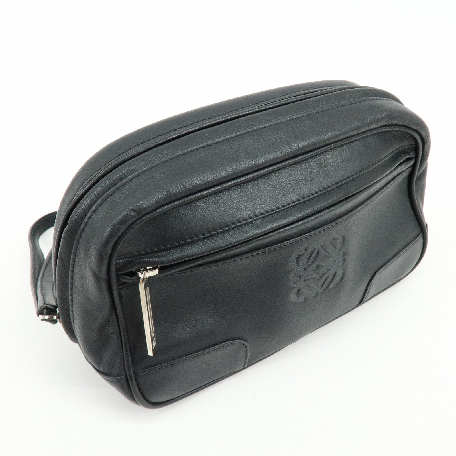LOEWE Anagram Leather Clutch Bag Pouch Wristlet Bag Black