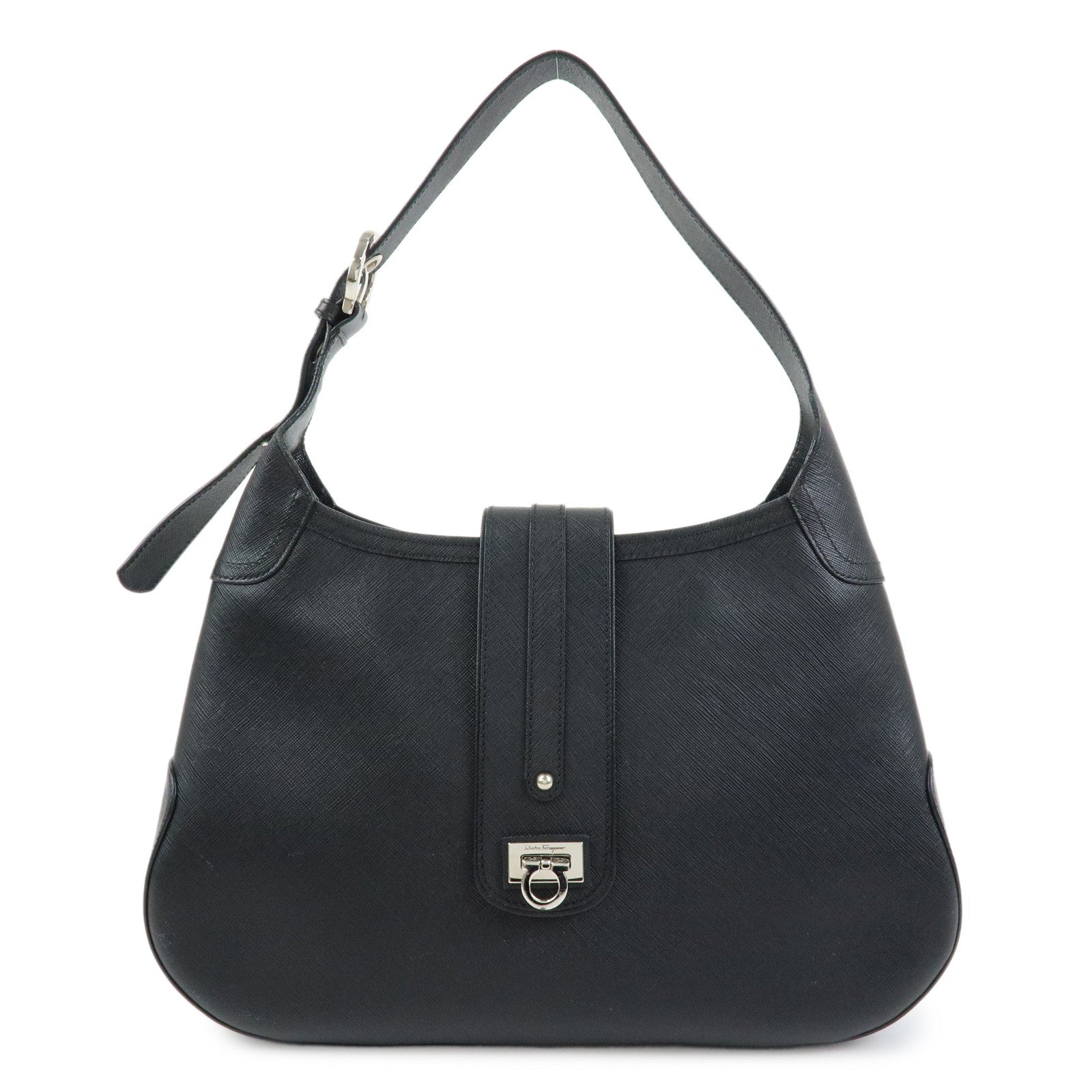 Ferragamo Gancini Leather Shoulder Bag Hand Bag Black