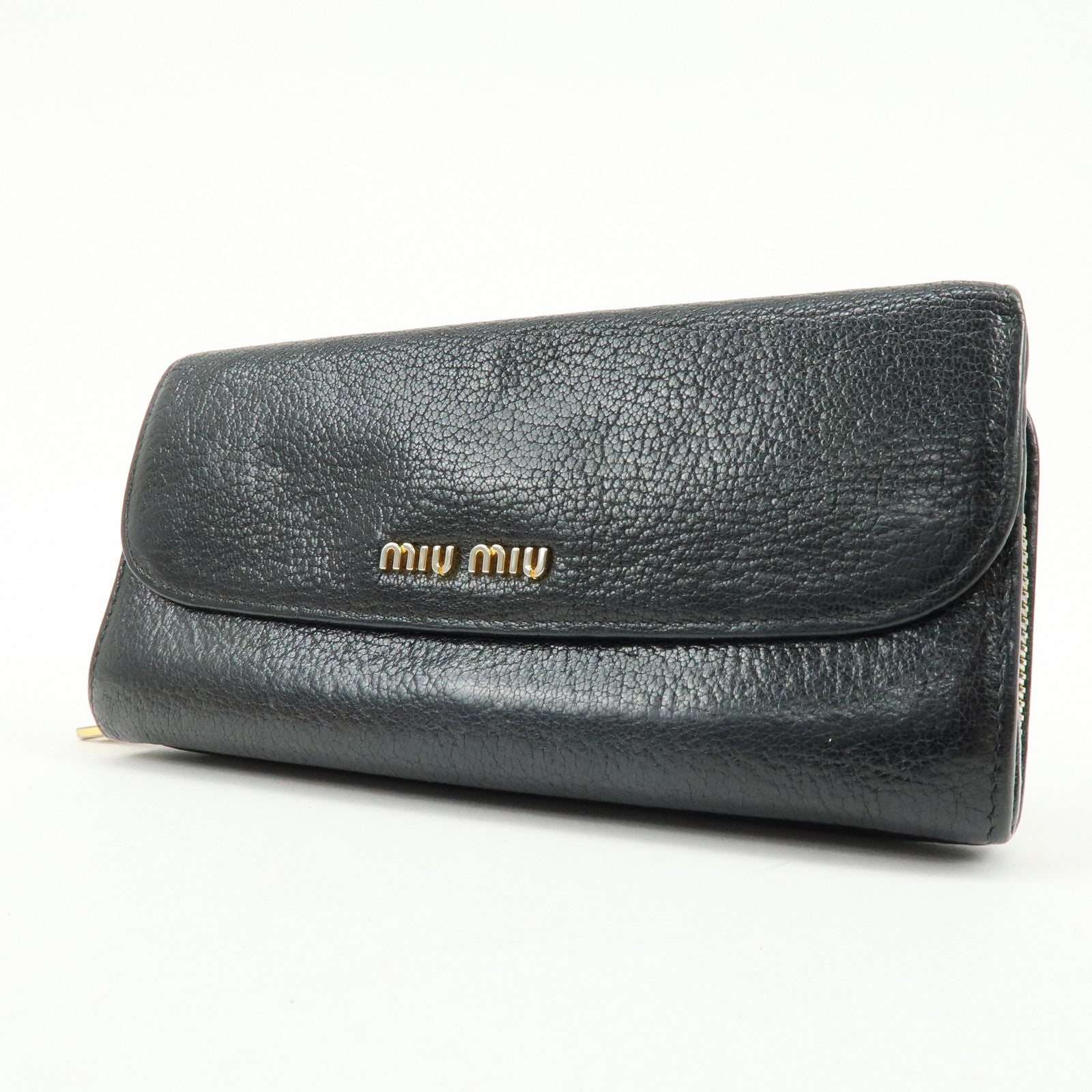 MIU MIU Leather Long Flap Round Zip Wallet Black 5M1344