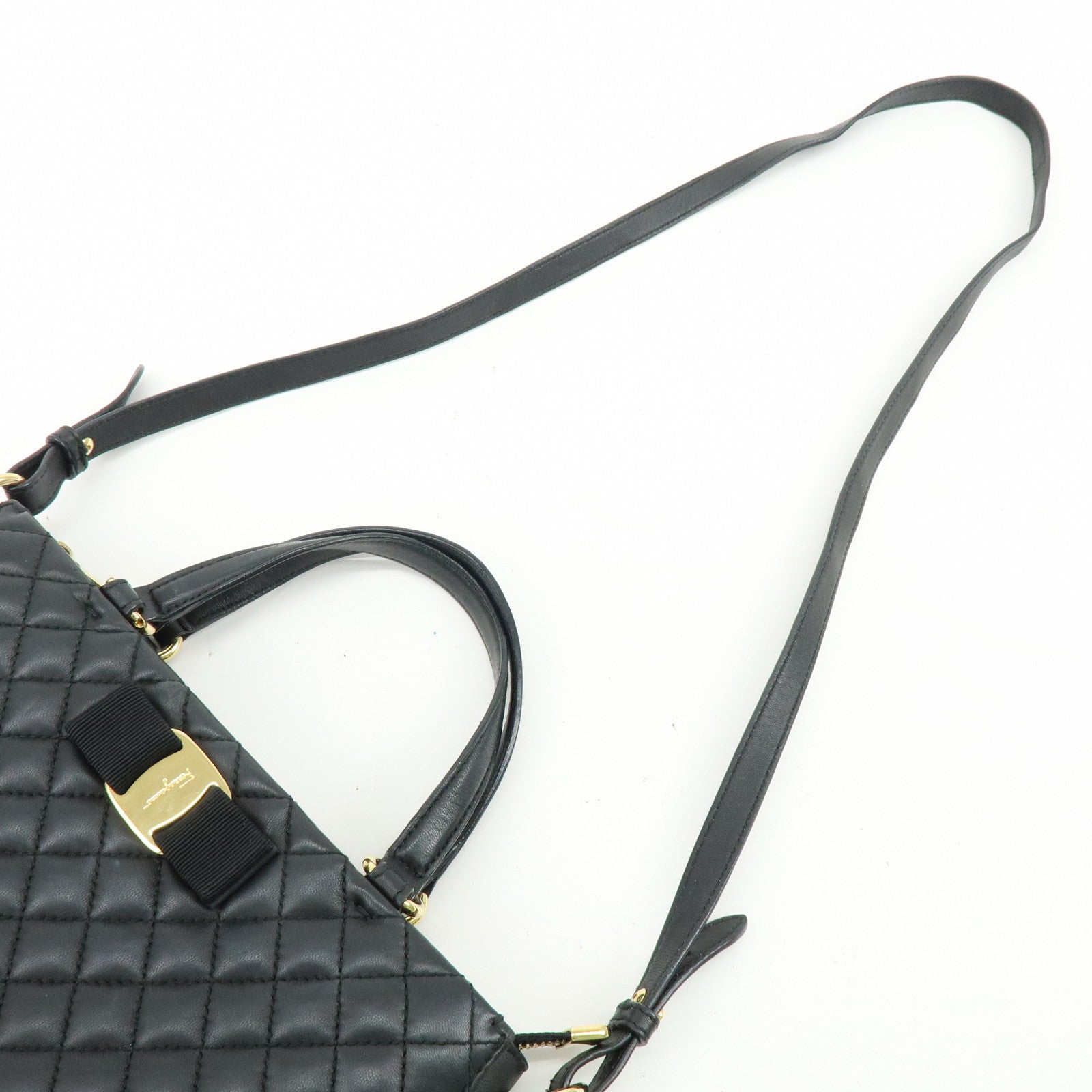 Ferragamo Vara Ribbon Leather 2Way Bag Hand Bag Shoulder Bag Black