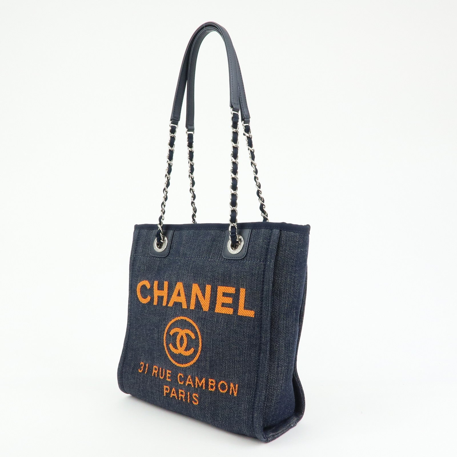 CHANEL Deauville PM Denim Calf Leather Chain Tote Bag Indigo A66939