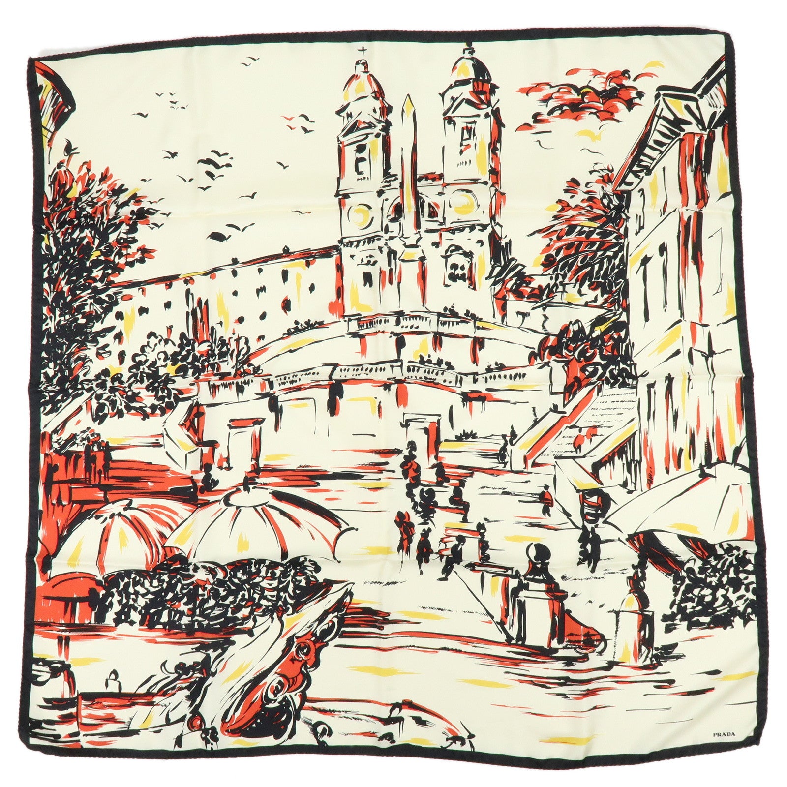 PRADA Silk Townscape Print Scarf Shawl White Black Red Yellow