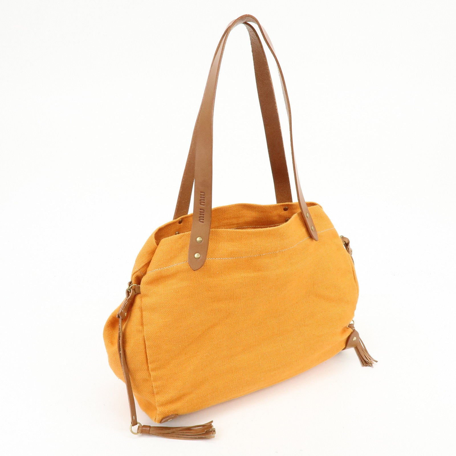 MIU MIU Canvas Leather Tote Bag Shoulder Bag Tassel Orange Brown