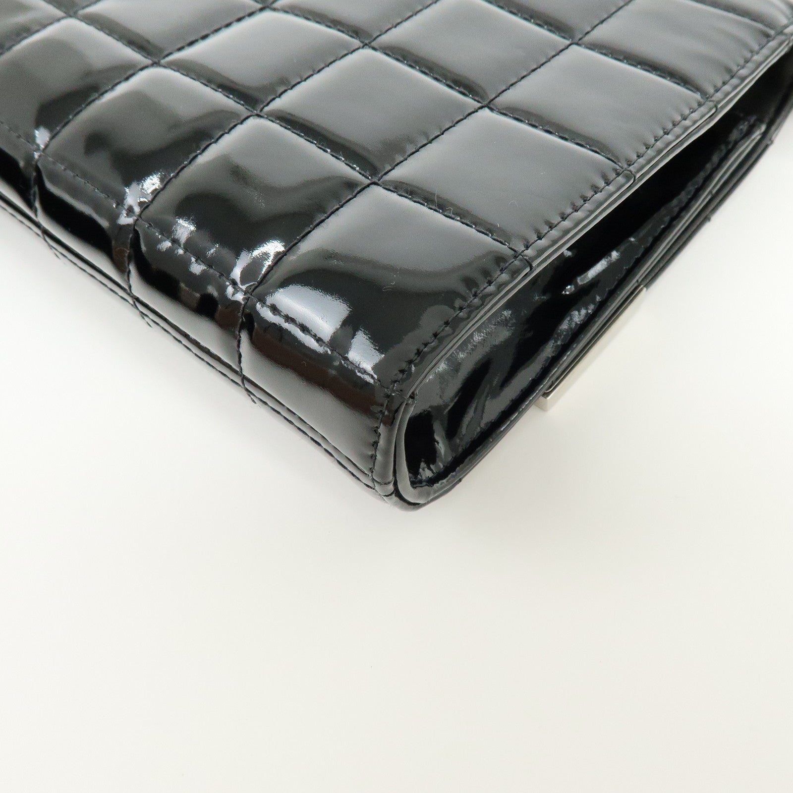 CHANEL Chocolate Bar COCO Mark Patent Leather Shoulder Bag Black Silver