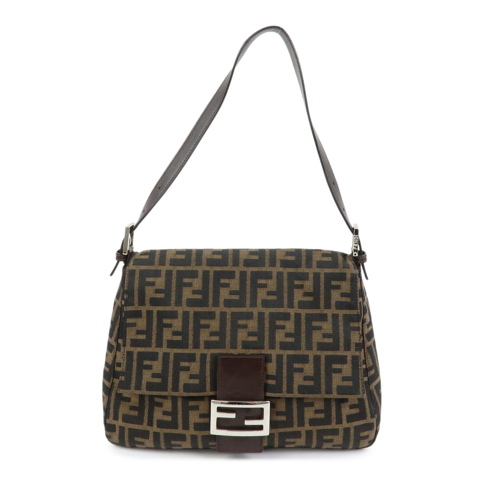FENDI Mamma Baguette Zucca Canvas Leather Shoulder Bag Brown 26325