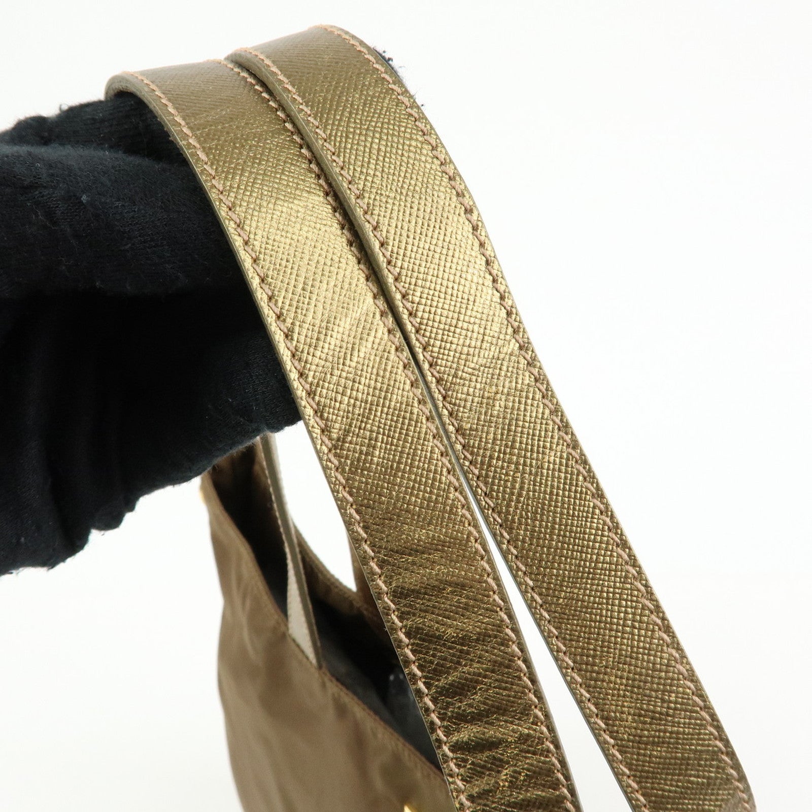 PRADA Bijoux Bear Motif Nylon Saffiano Leather Tote Bag Khaki Gold