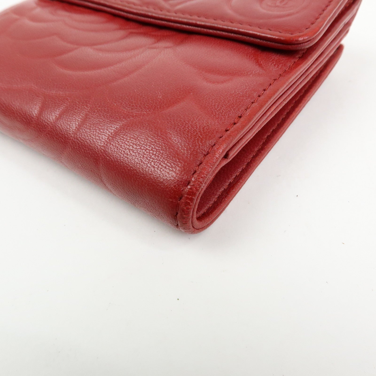 CHANEL Camellia COCO Mark Lamb Skin Bi-fold Compact Wallet Red A47422