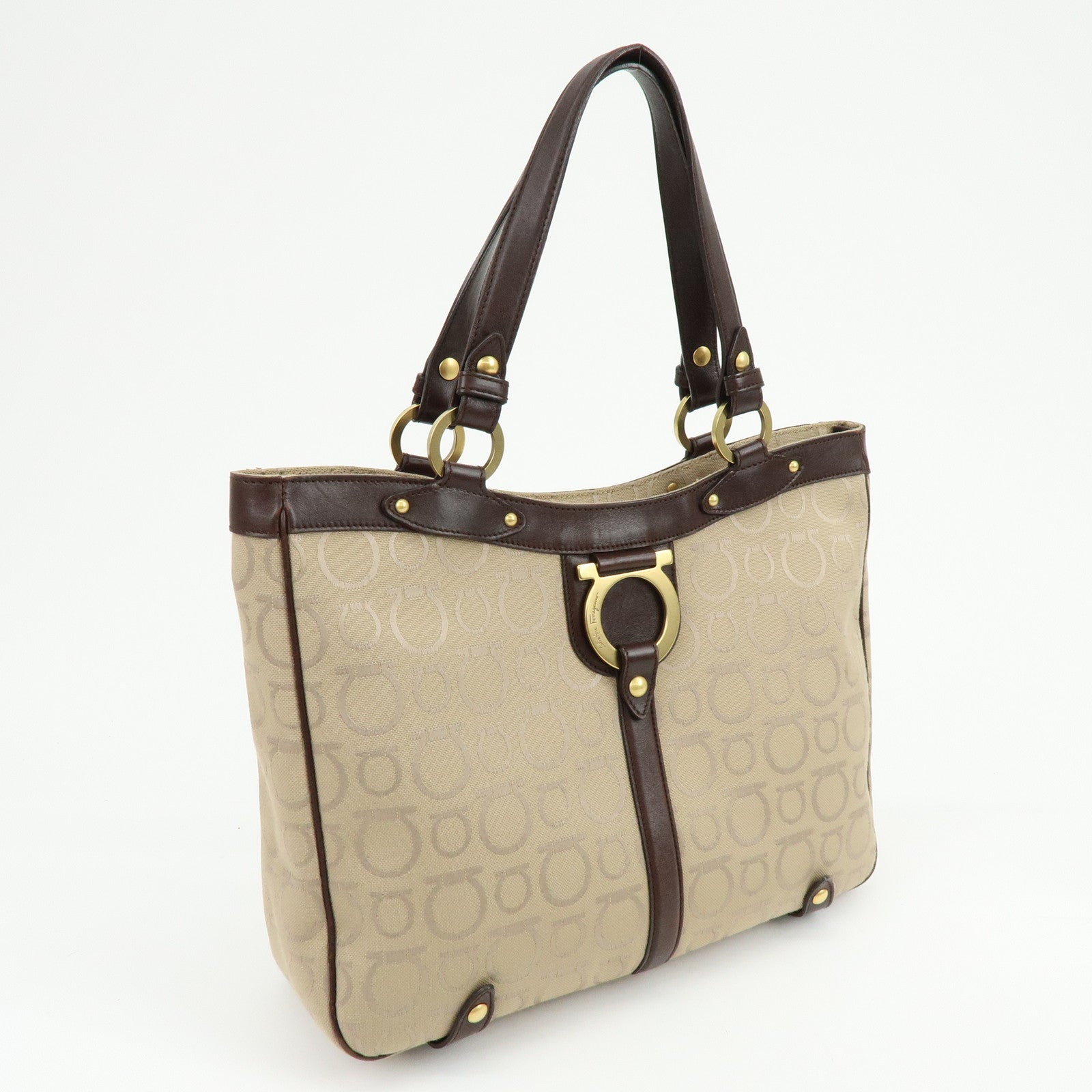 Ferragamo Gancini Canvas Leather Tote Bag Hand Bag Beige Brown