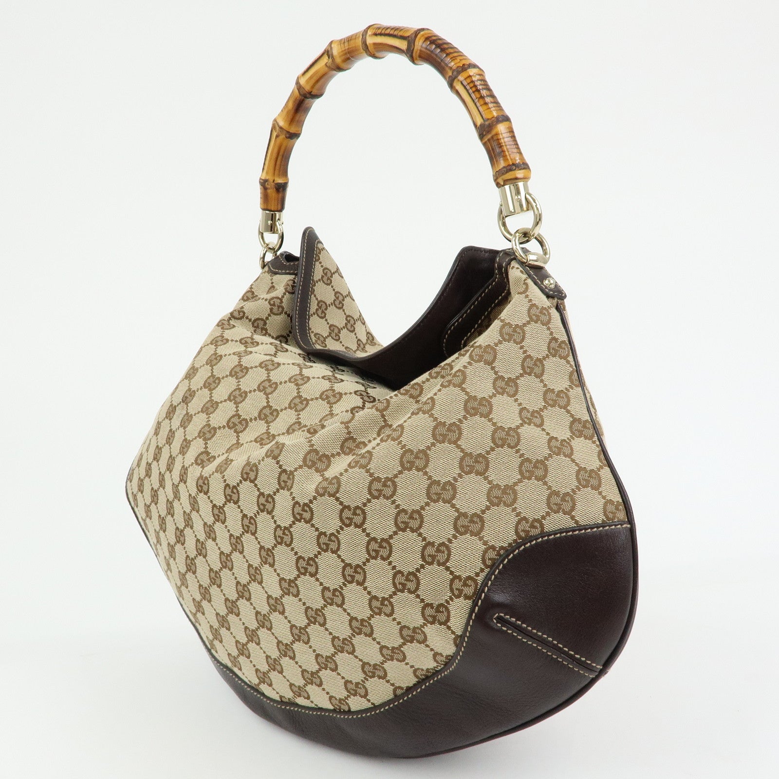 GUCCI Bamboo GG Canvas Leather 2Way Bag Hand Bag Beige Brown 169976