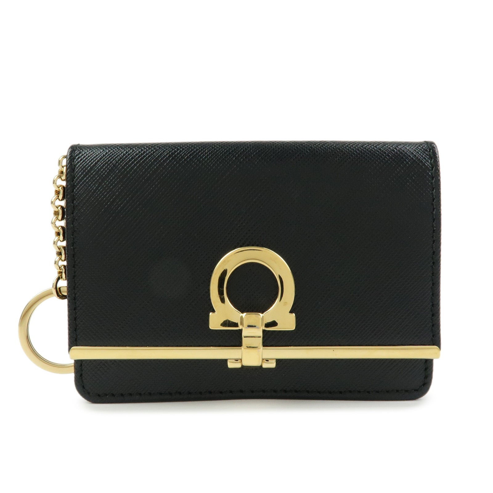 Ferragamo Gancini Embossed Leather Card Case Card Holder Black