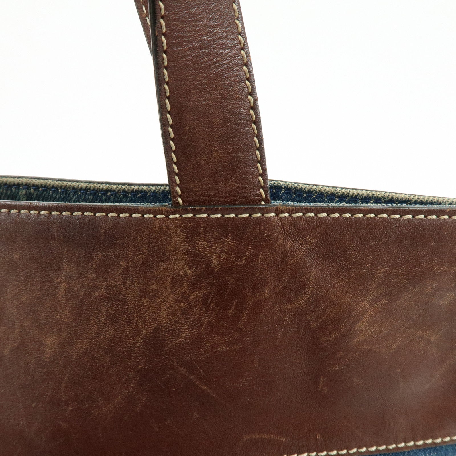 CHANEL COCO Mark Denim Leather Tote Shoulder Bag Blue Brown