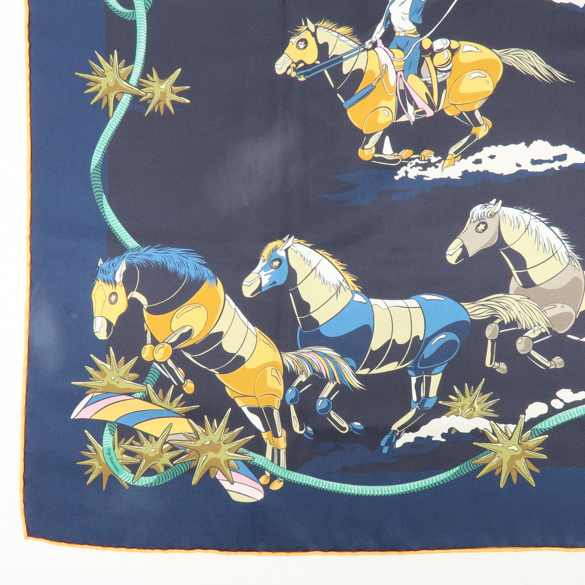 HERMES Carre Double Face 90 Silk 100% Scarf Les Mustangs Marble Navy