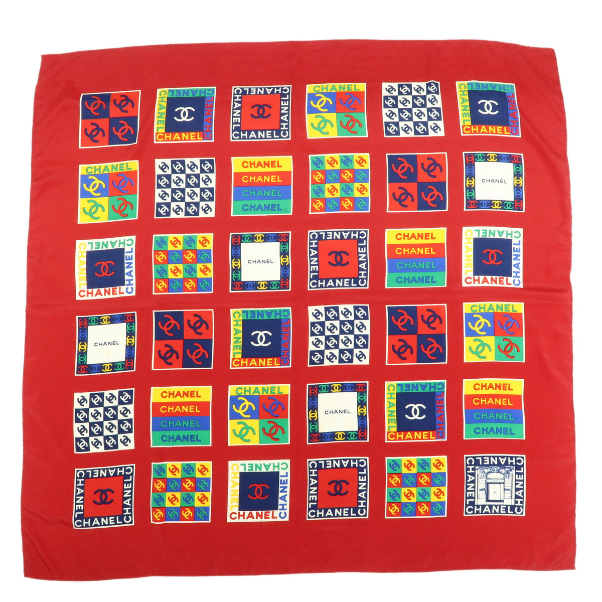 CHANEL COCO Mark Logo Silk 100% Scarf Red Multicolor