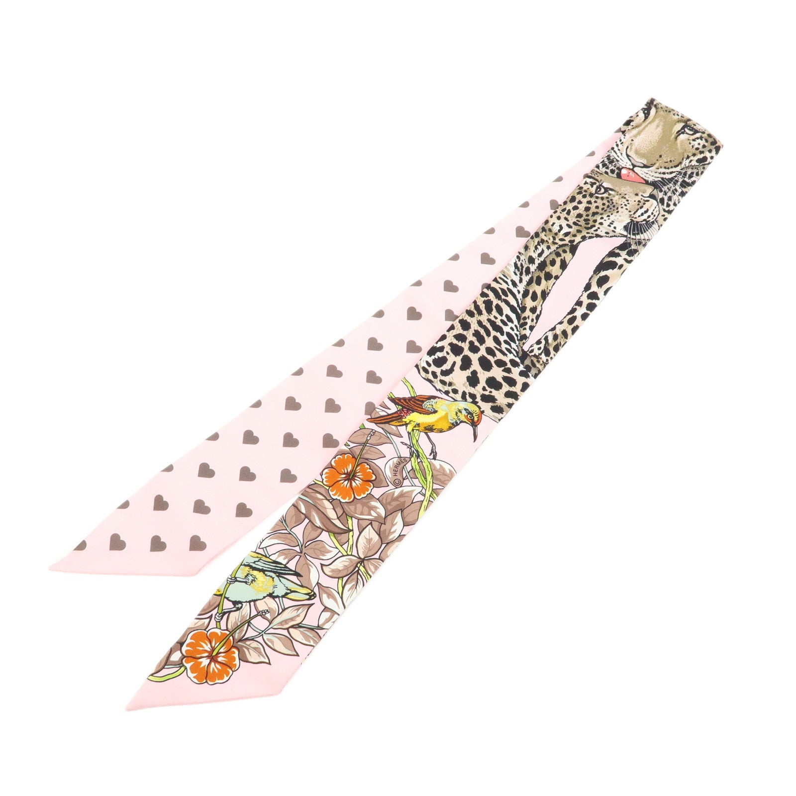 HERMES Twilly Silk 100% Scarf Jungle Love Love Pink Beige