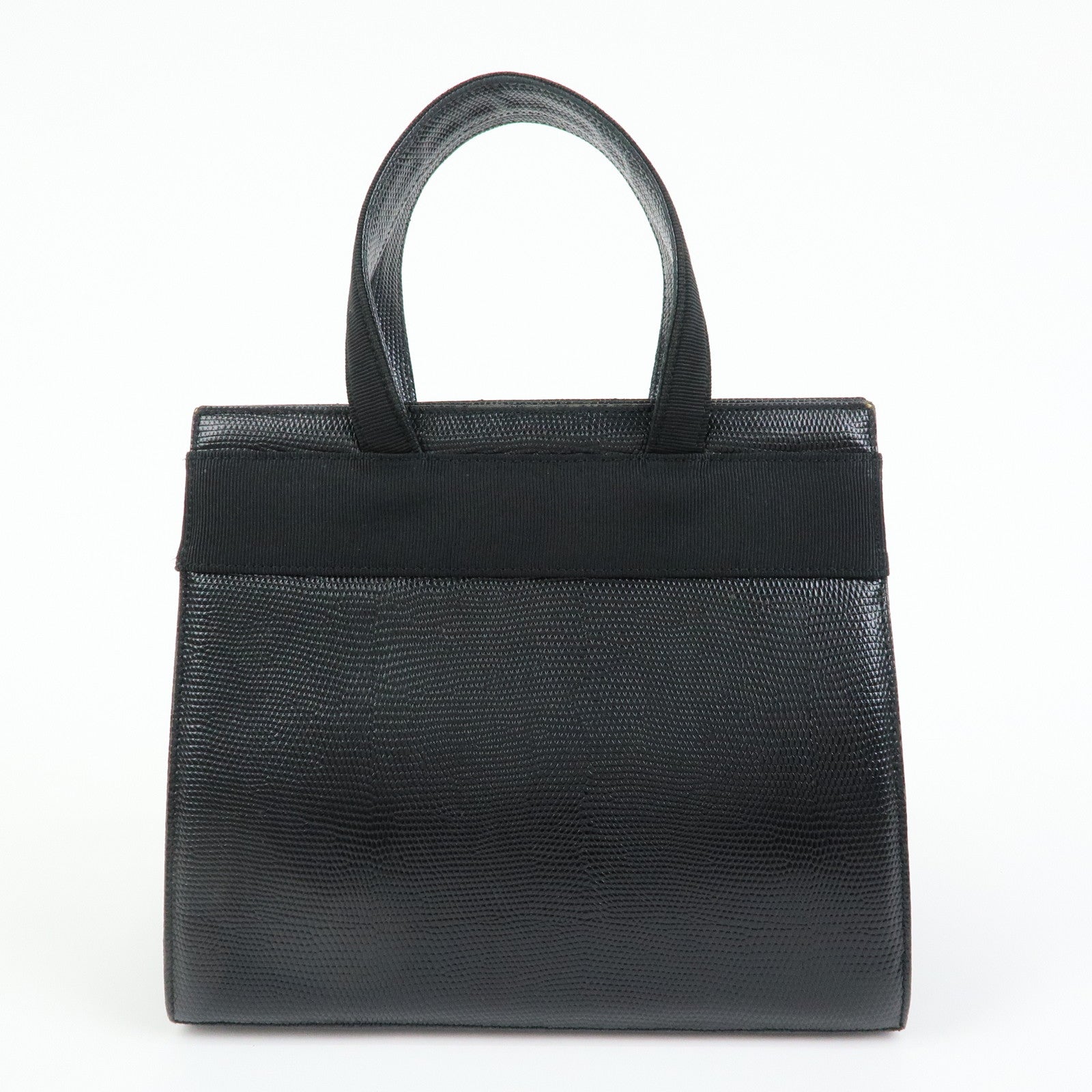 Ferragamo Vara Ribbon Embossed Leather Canvas 2Way Hand Bag Black