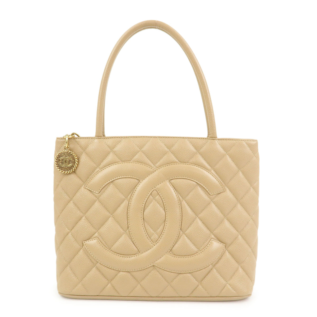 CHANEL Matelasse COCO Mark Caviarskin Medallion Tote Bag Beige A01804