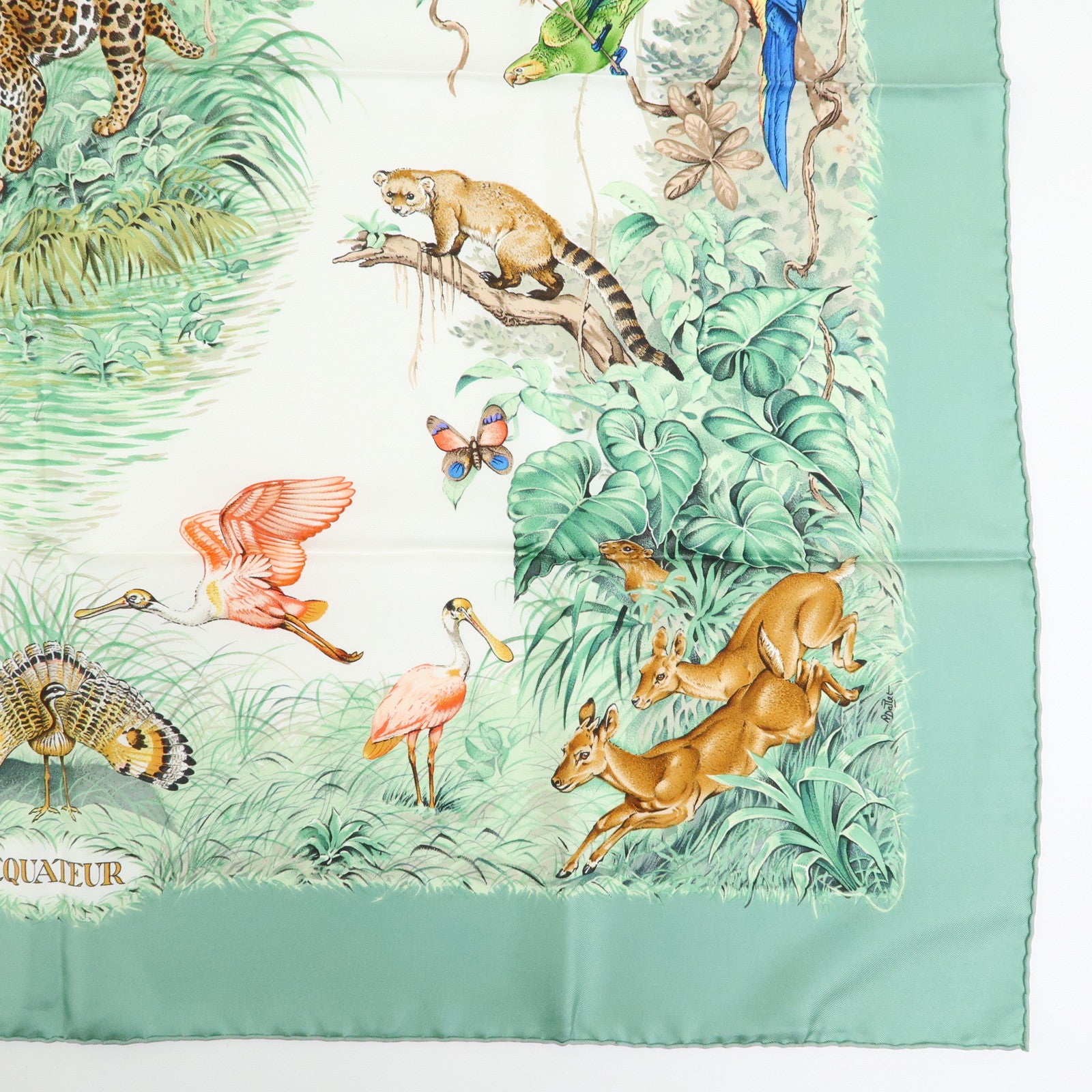 HERMES Carre 90 Silk 100% Scarf EQUATEUR Light Green Brown White