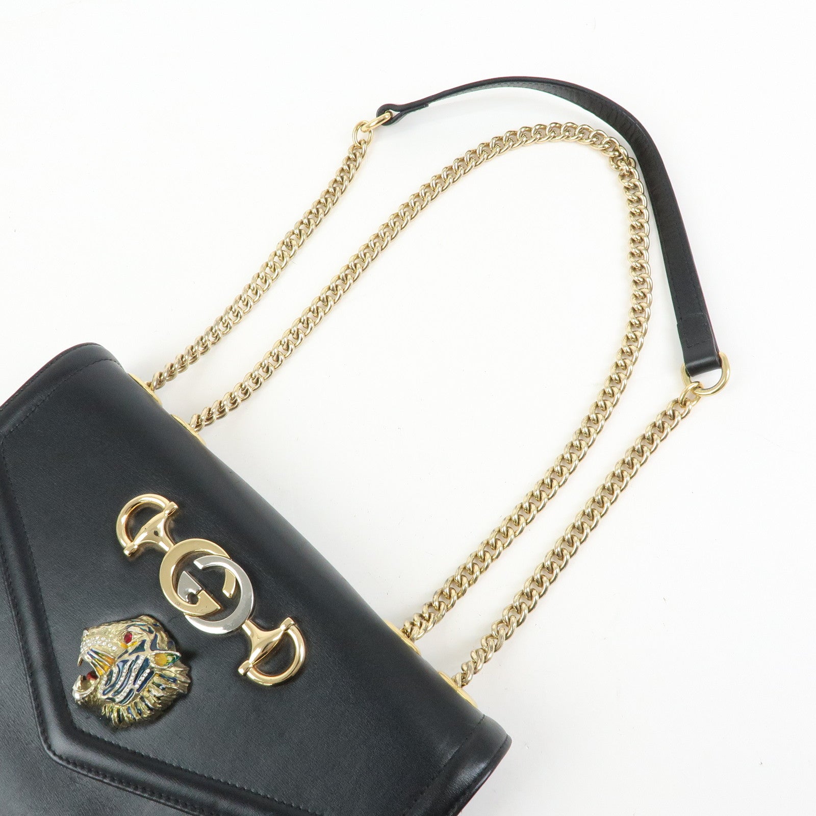 GUCCI Rajah Tiger Head Leather Chain Shoulder Bag Black 537241