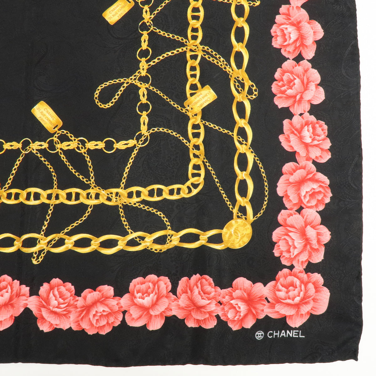 CHANEL Lot of 2 Silk 100% Scarf Flower Jewelry Motif Black Gold