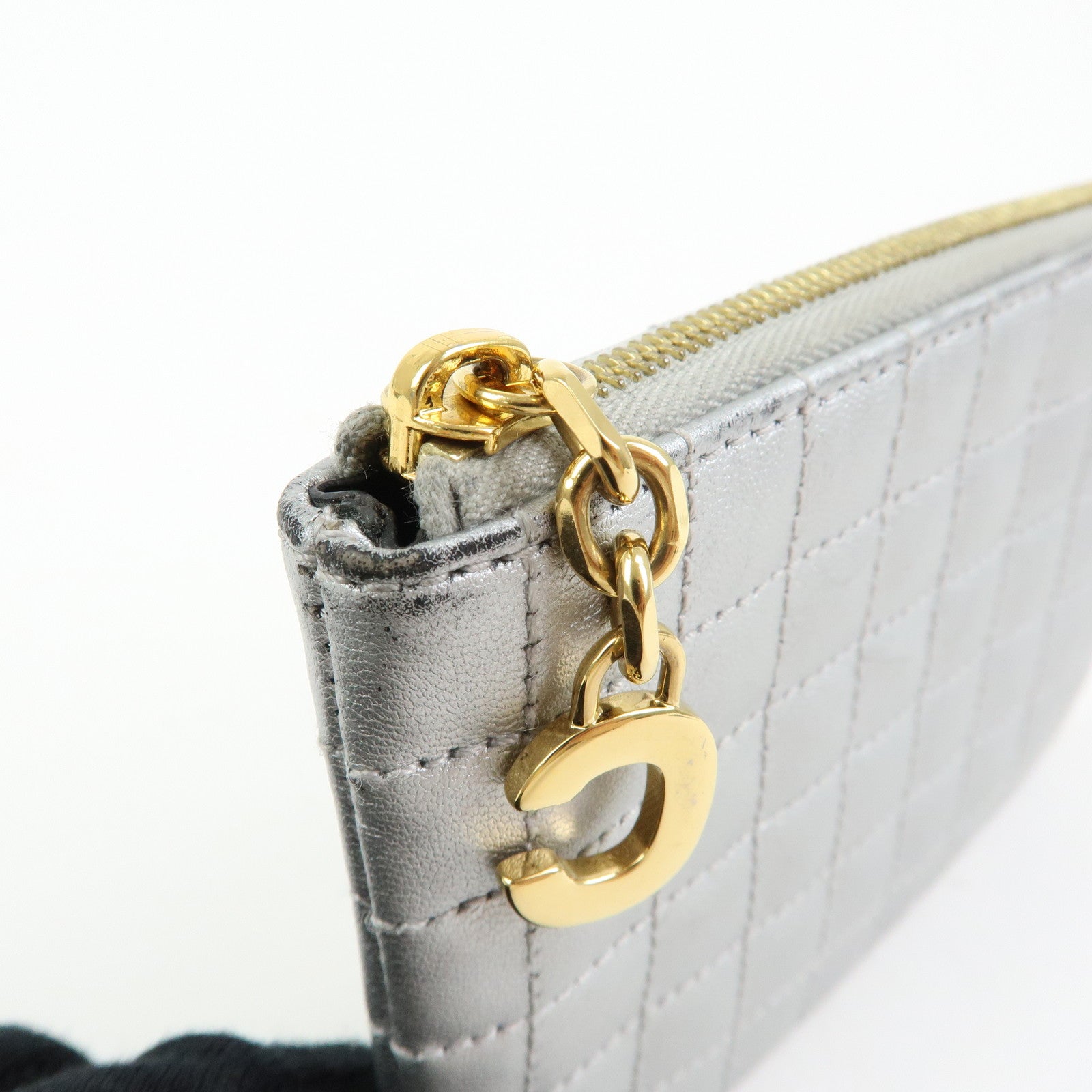 CELINE Leather C Charm Coin Case Coin Purse Metallic Silver