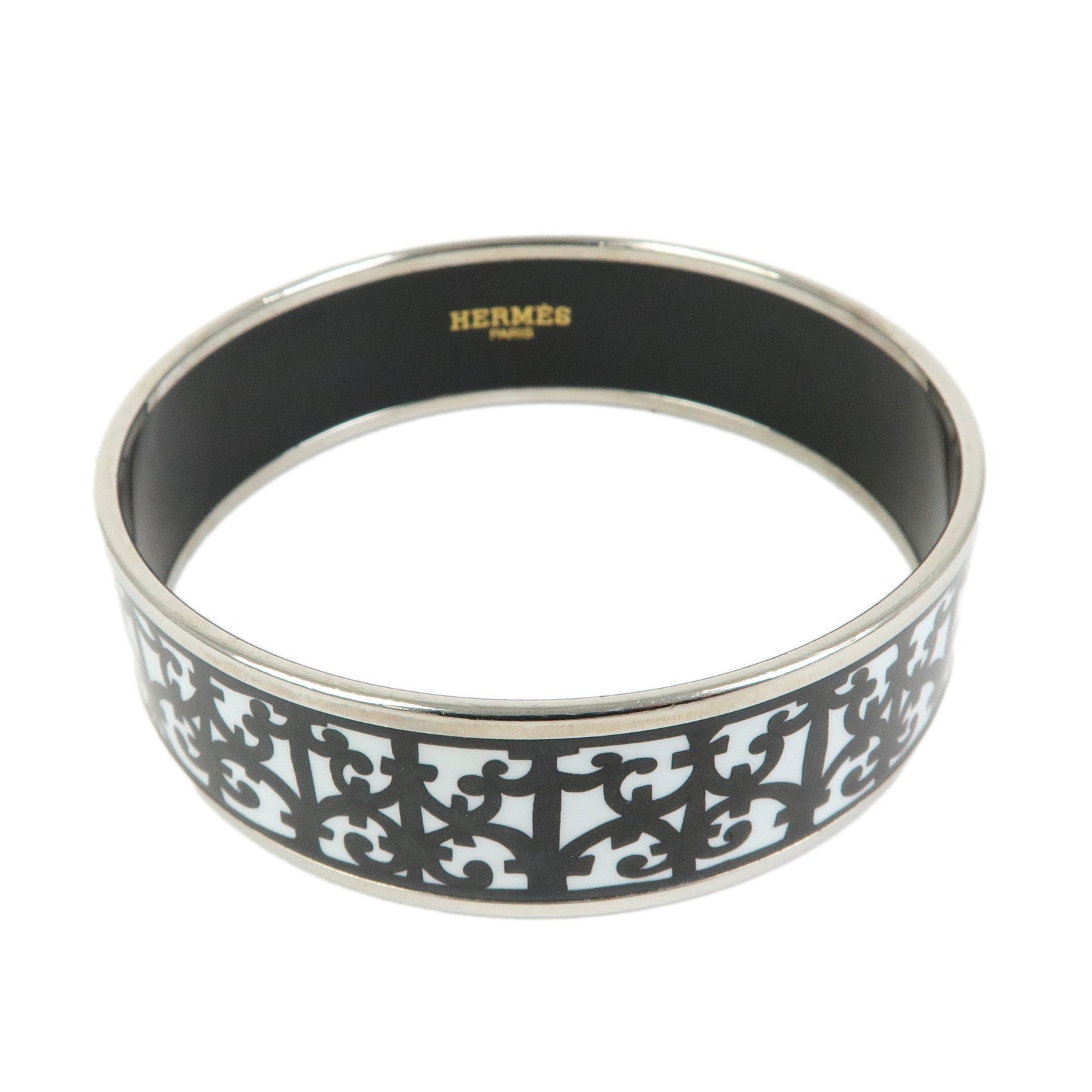 HERMES Email GM Silver Plated Guadalquivir Bangle Bracelet White Black