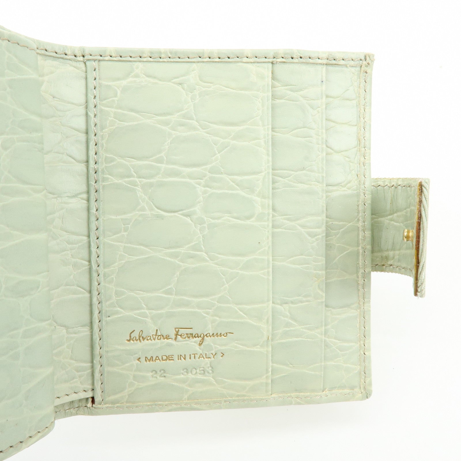 Ferragamo Vara Embossed Leather Compact Wallet Light Green