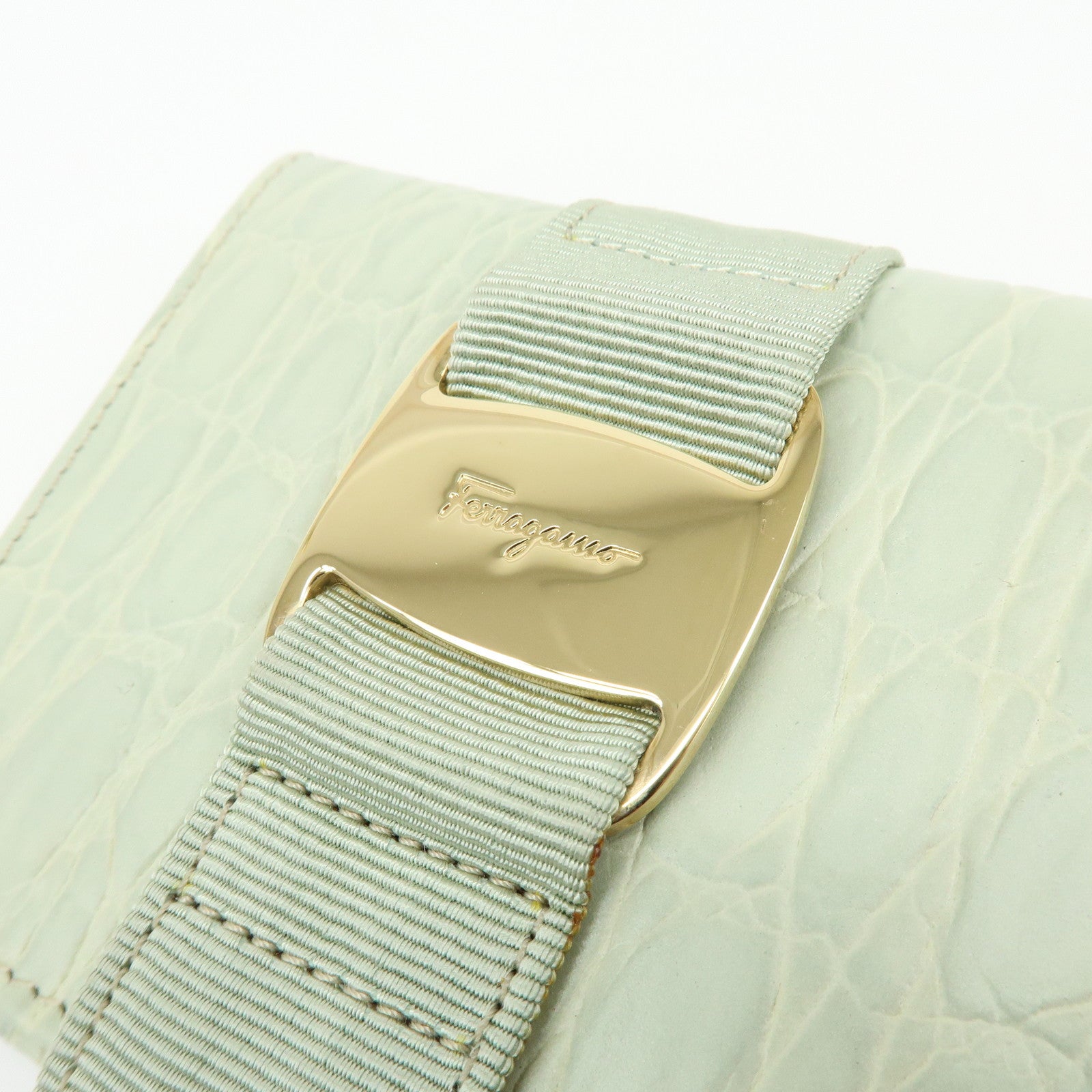 Ferragamo Vara Embossed Leather Compact Wallet Light Green