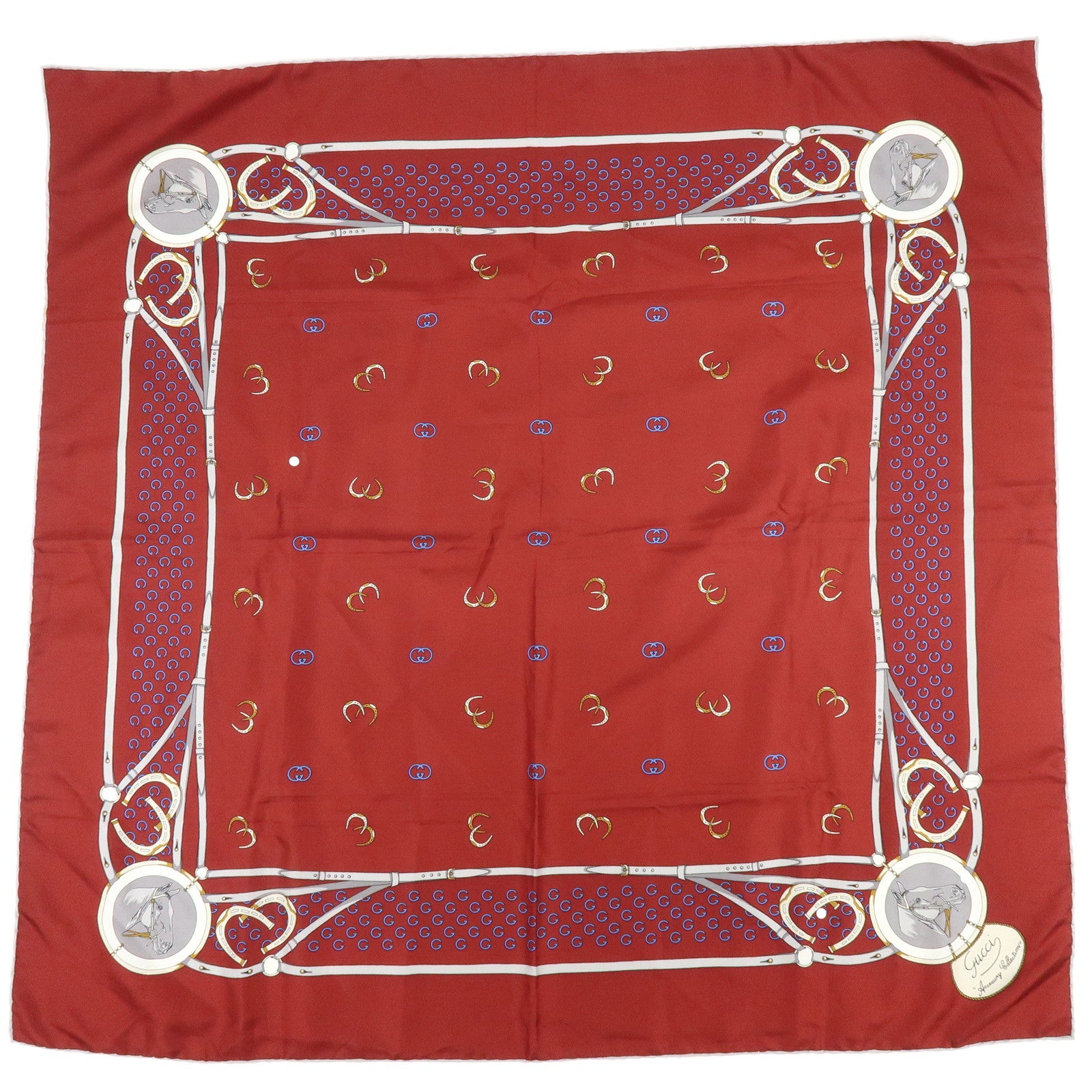 GUCCI Silk 100% Double G Horseshoe Scarf Bordeaux White Blue