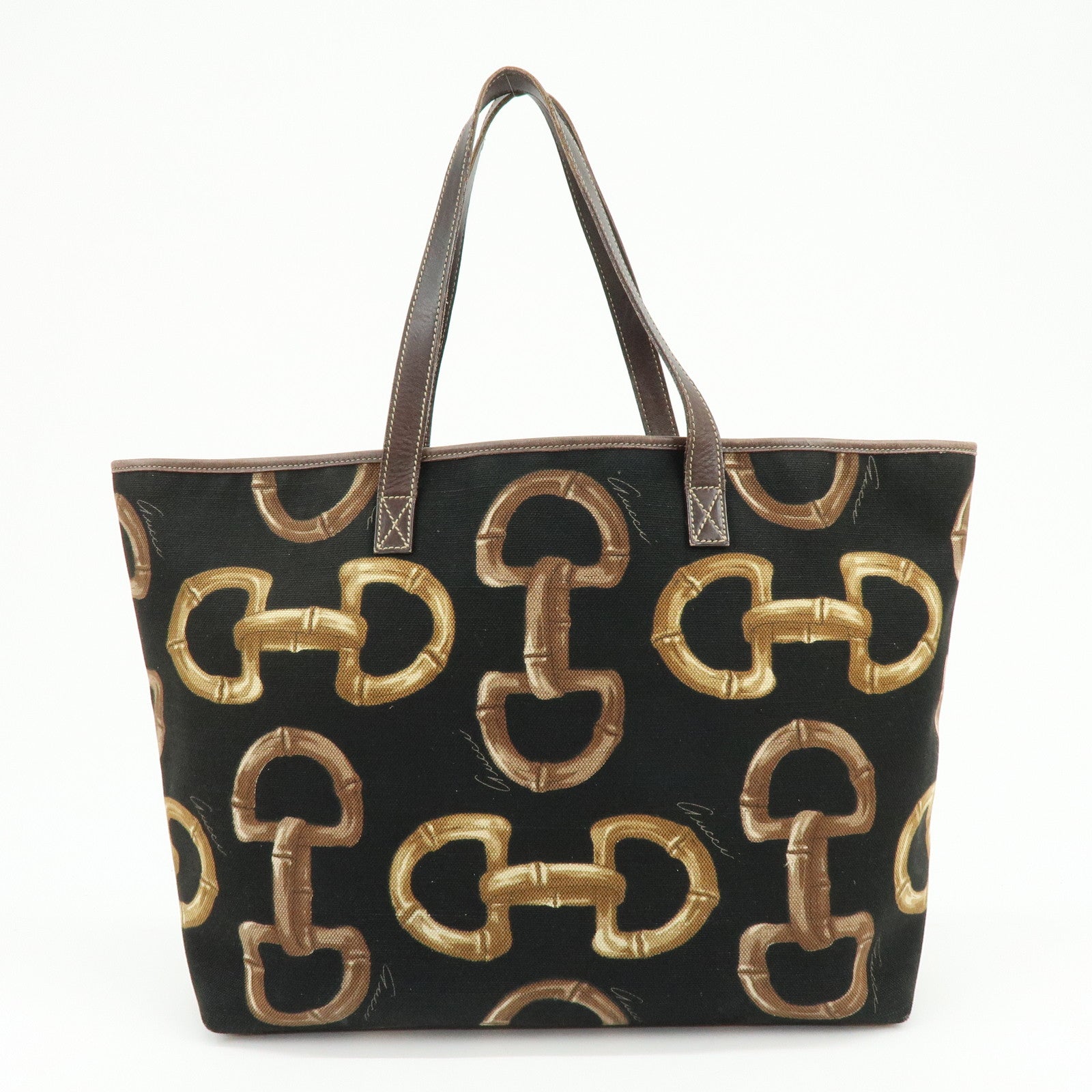 GUCCI Horsebit Interlocking G Canvas Leather Tote Bag Black 154402