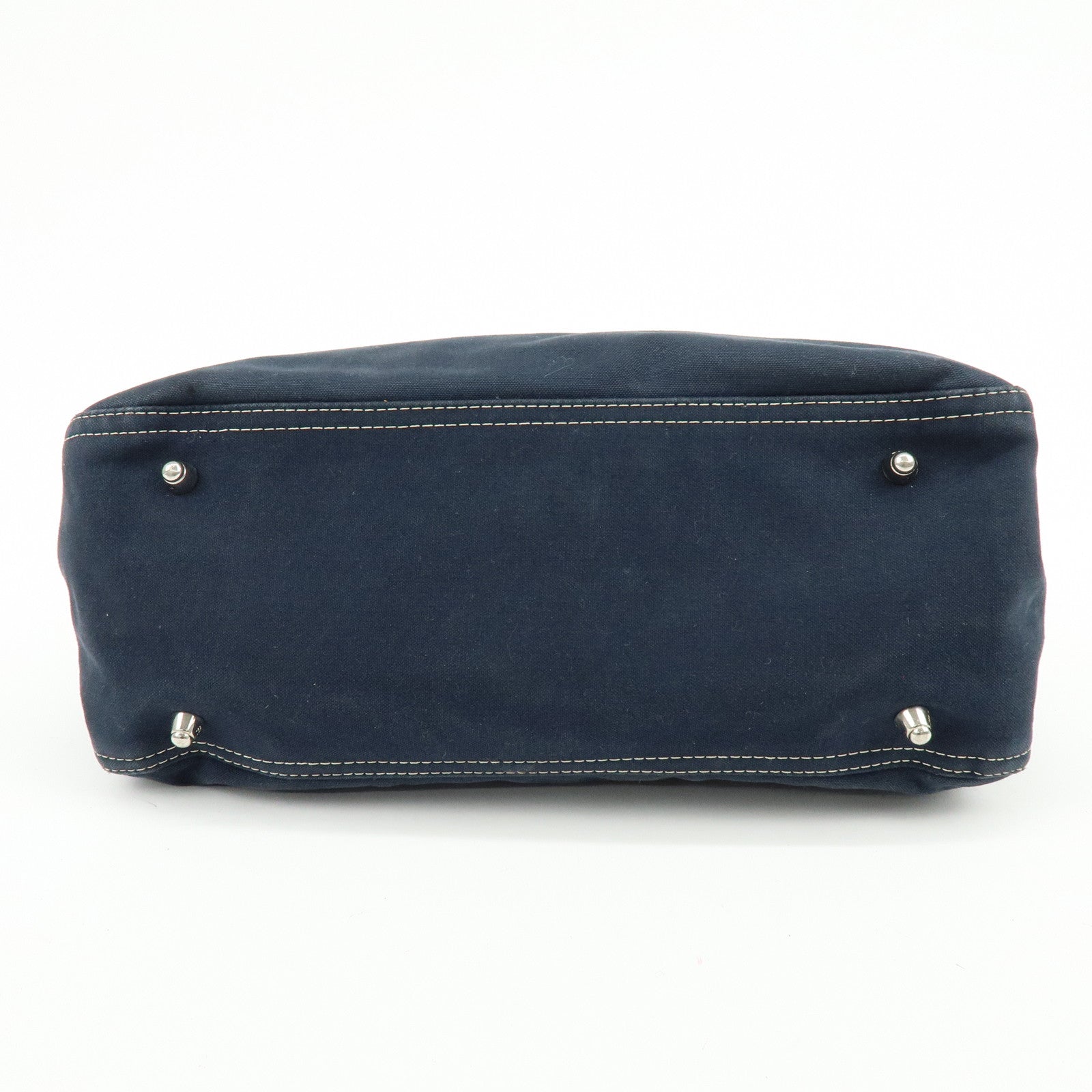 FENDI Canvas Leather Tote Bag Hand Bag White Stitch Navy 26693