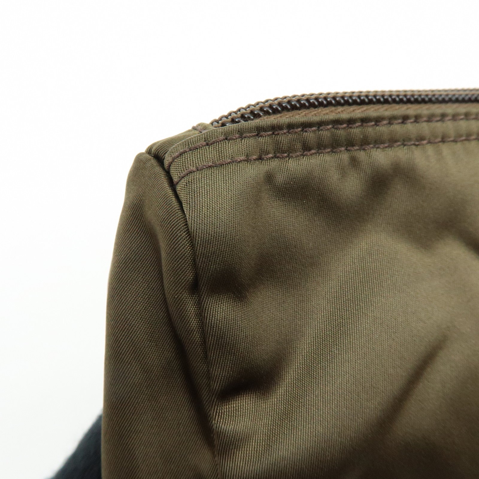 PRADA Triangle Logo Nylon Leather Pouch Cosmetic Makeup Bag Khaki