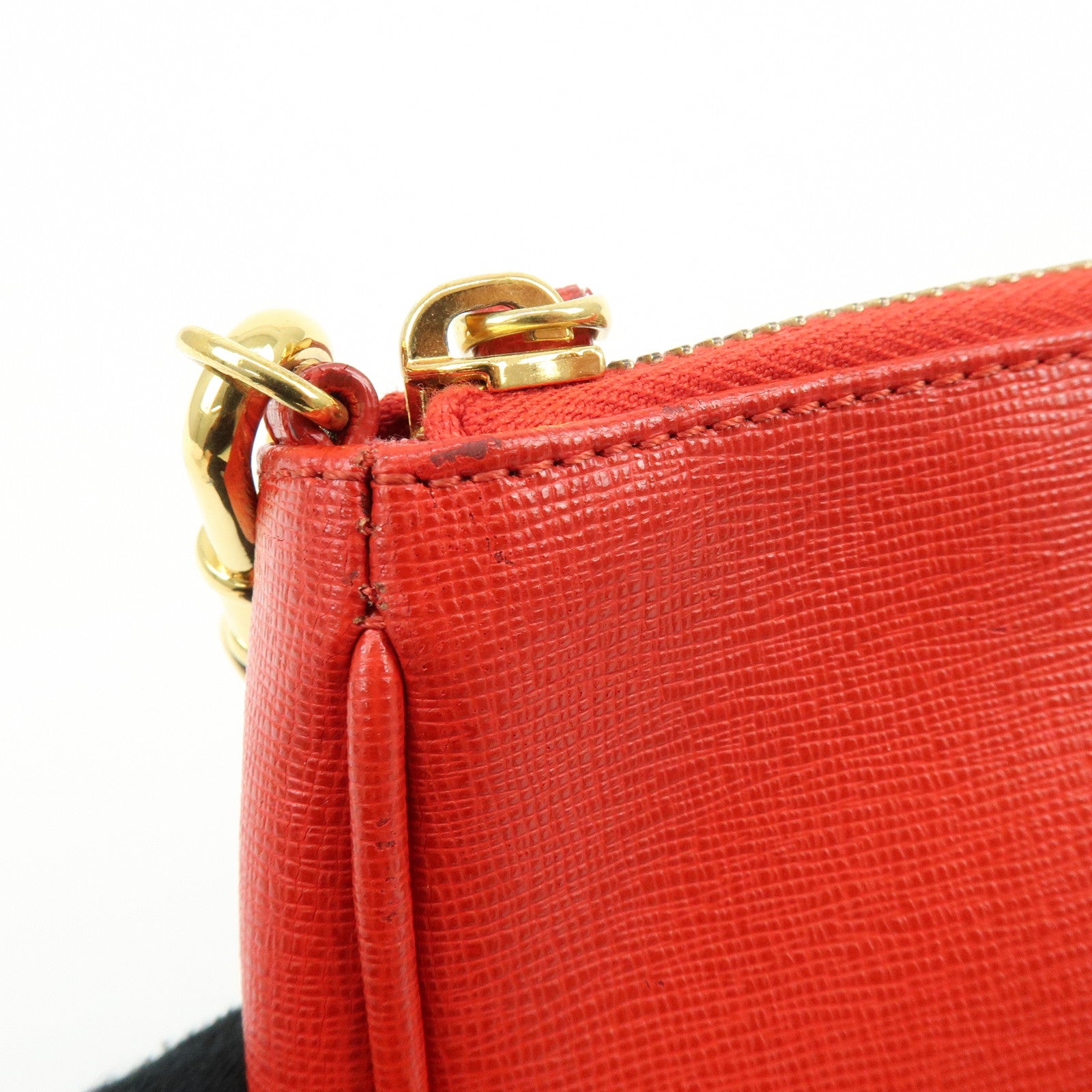 FENDI Embossed Leather Chain Accessary Pouch Hand Bag Red 8M0271