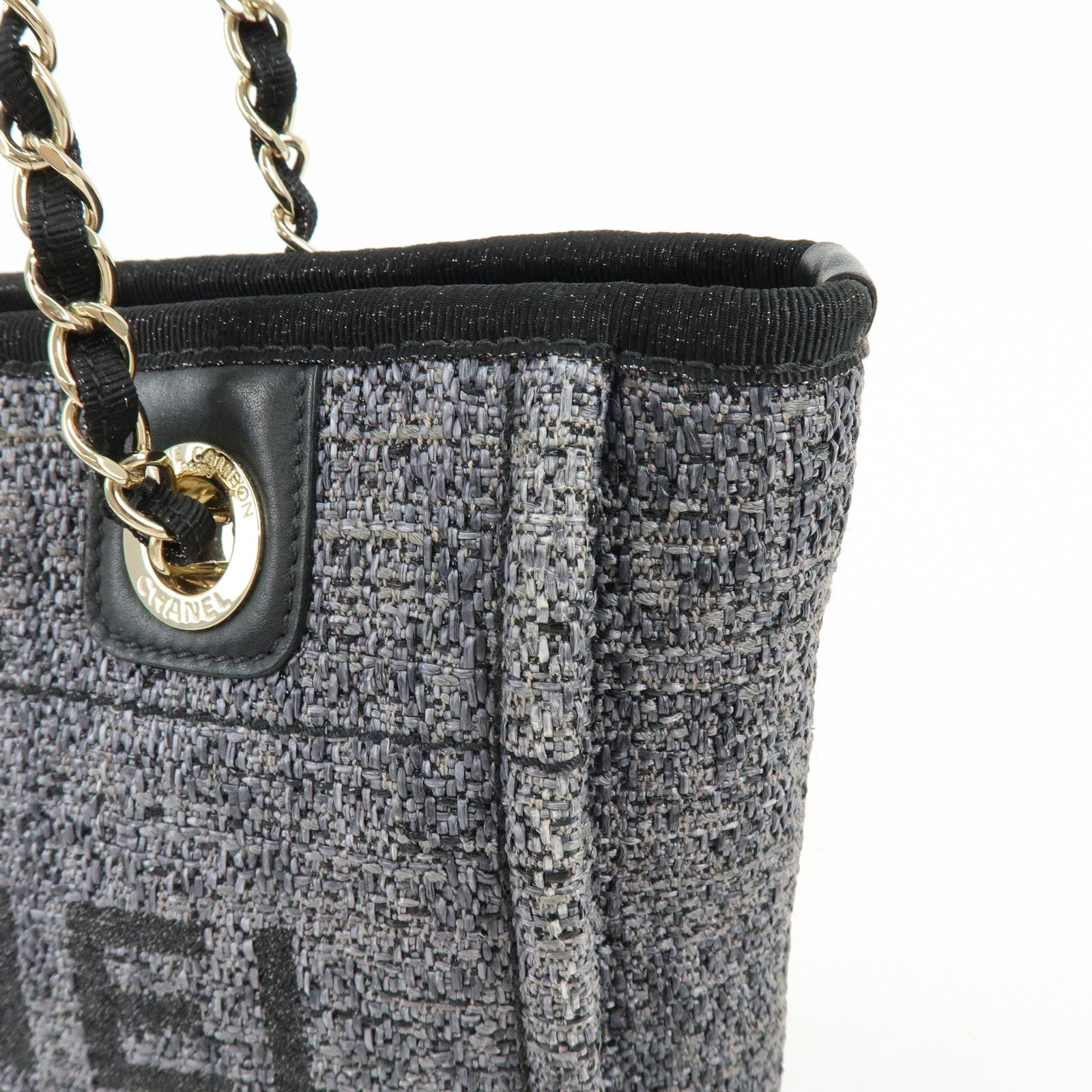 CHANEL Deauville PM Raffia Calf Leather Chain Tote Bag Black A66939