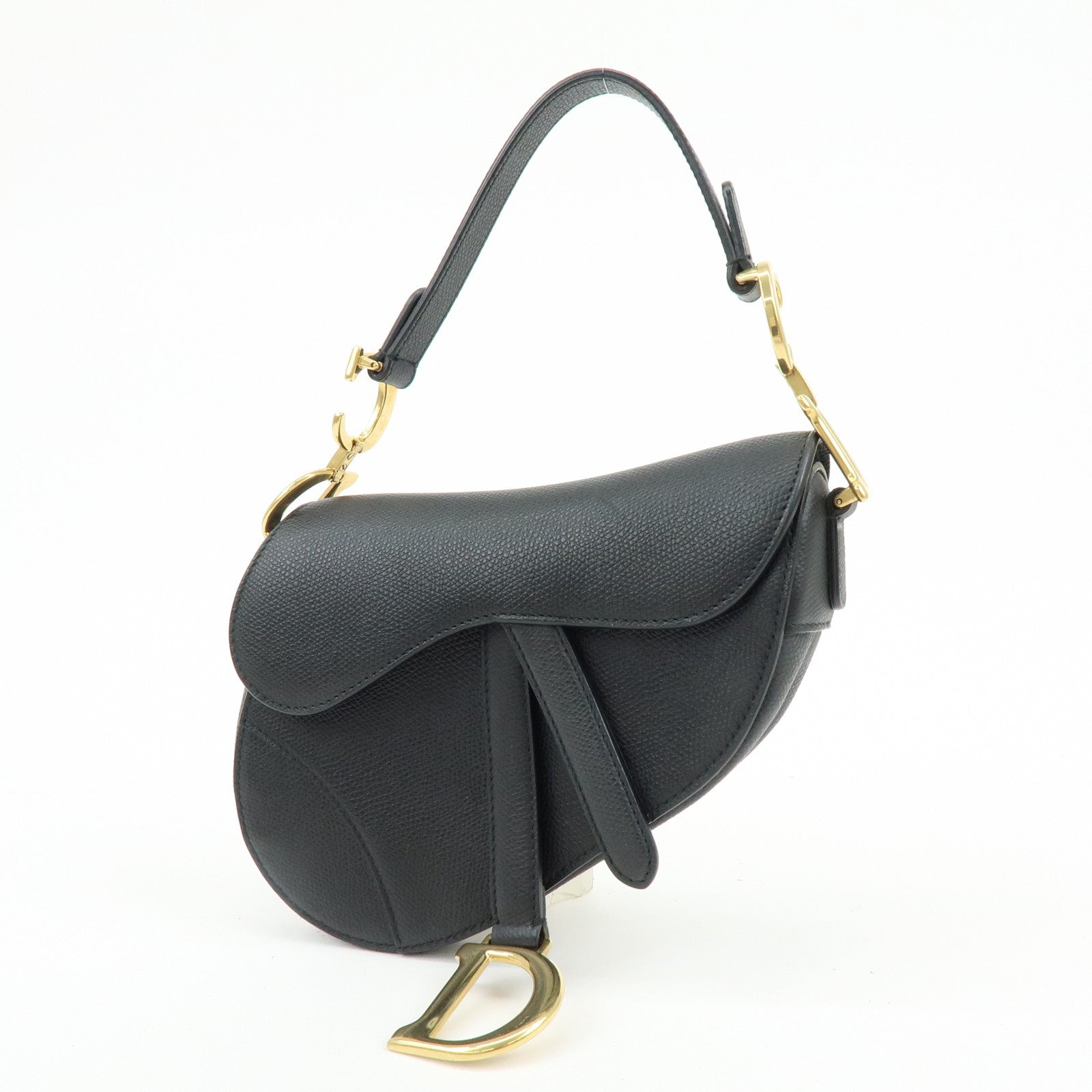 Christian Dior CD Logo Saddle Bag Leather Hand Bag Black