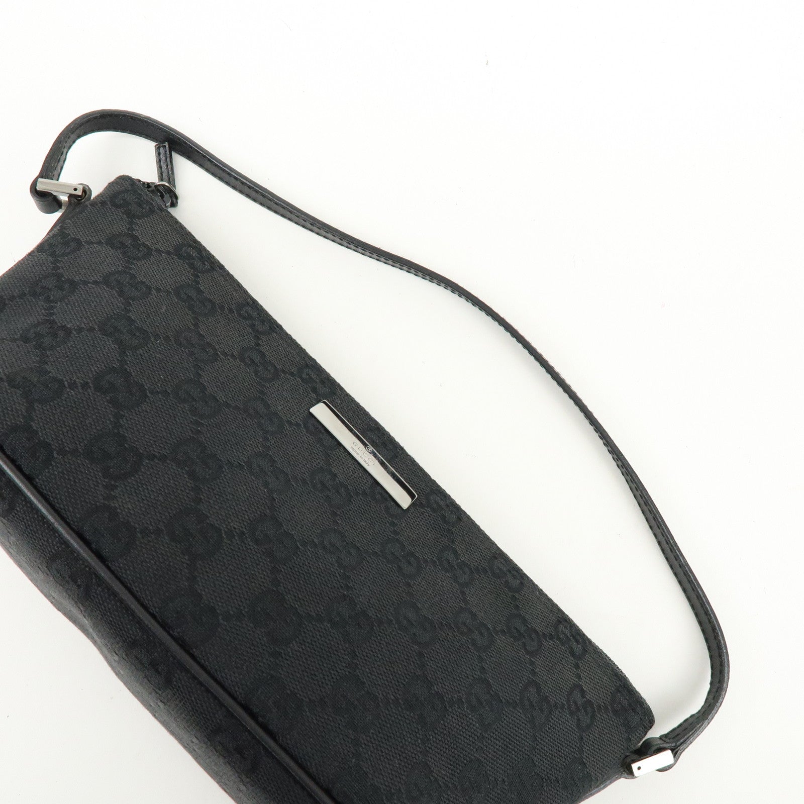 GUCCI Boat Bag GG Canvas Leather Accessory Pouch Hand Bag Black 07198