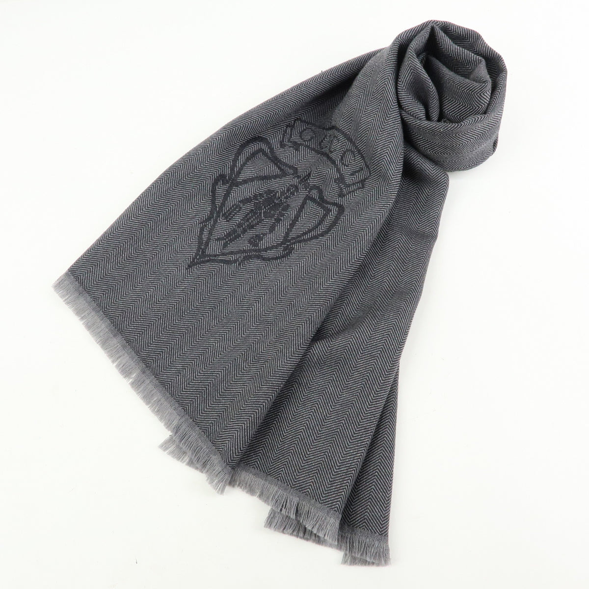 GUCCI Historia Wool 100% Scarf Crest Herringbone Gray