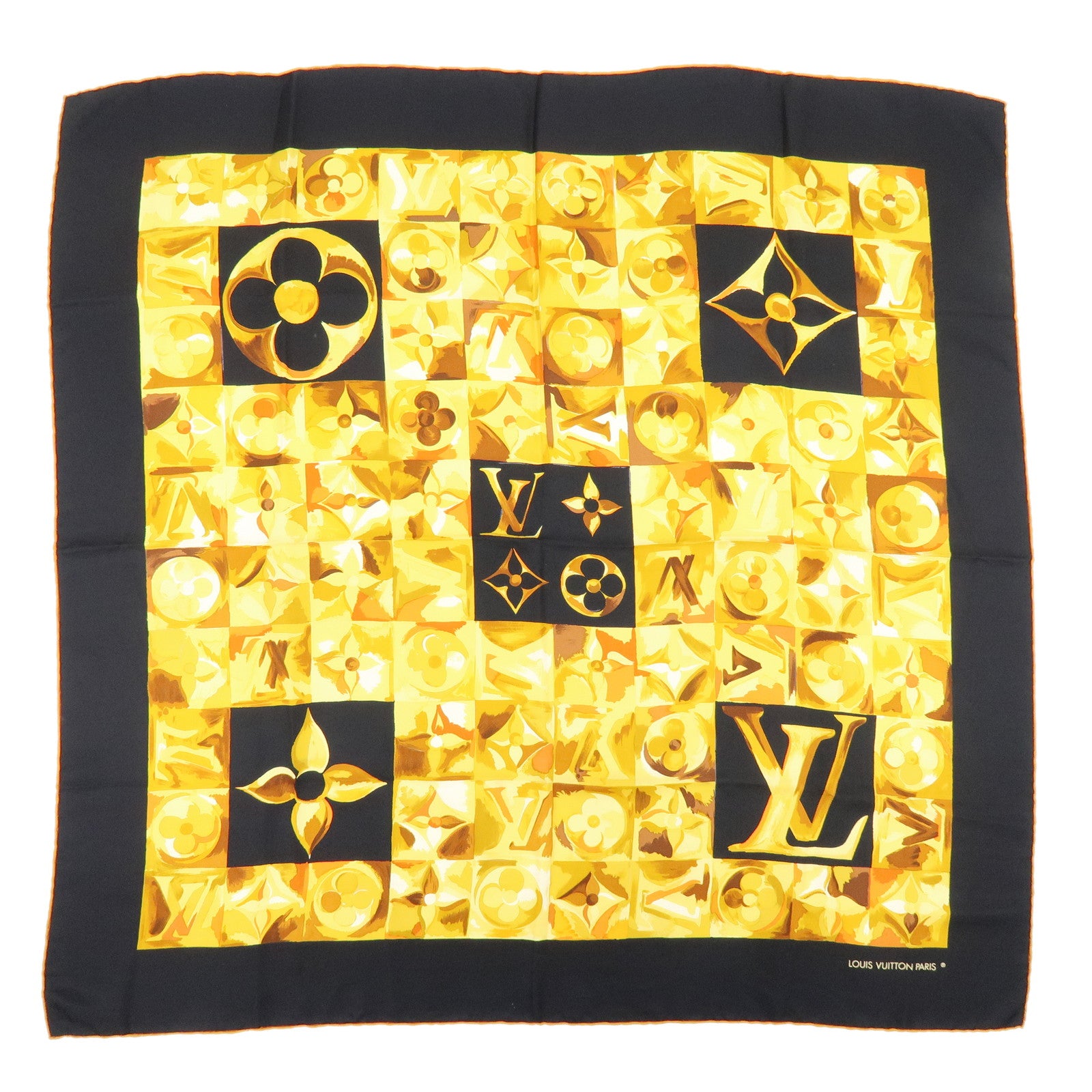 Louis Vuitton Silk 100% Scarf Carre Au fil du temps Black Brown