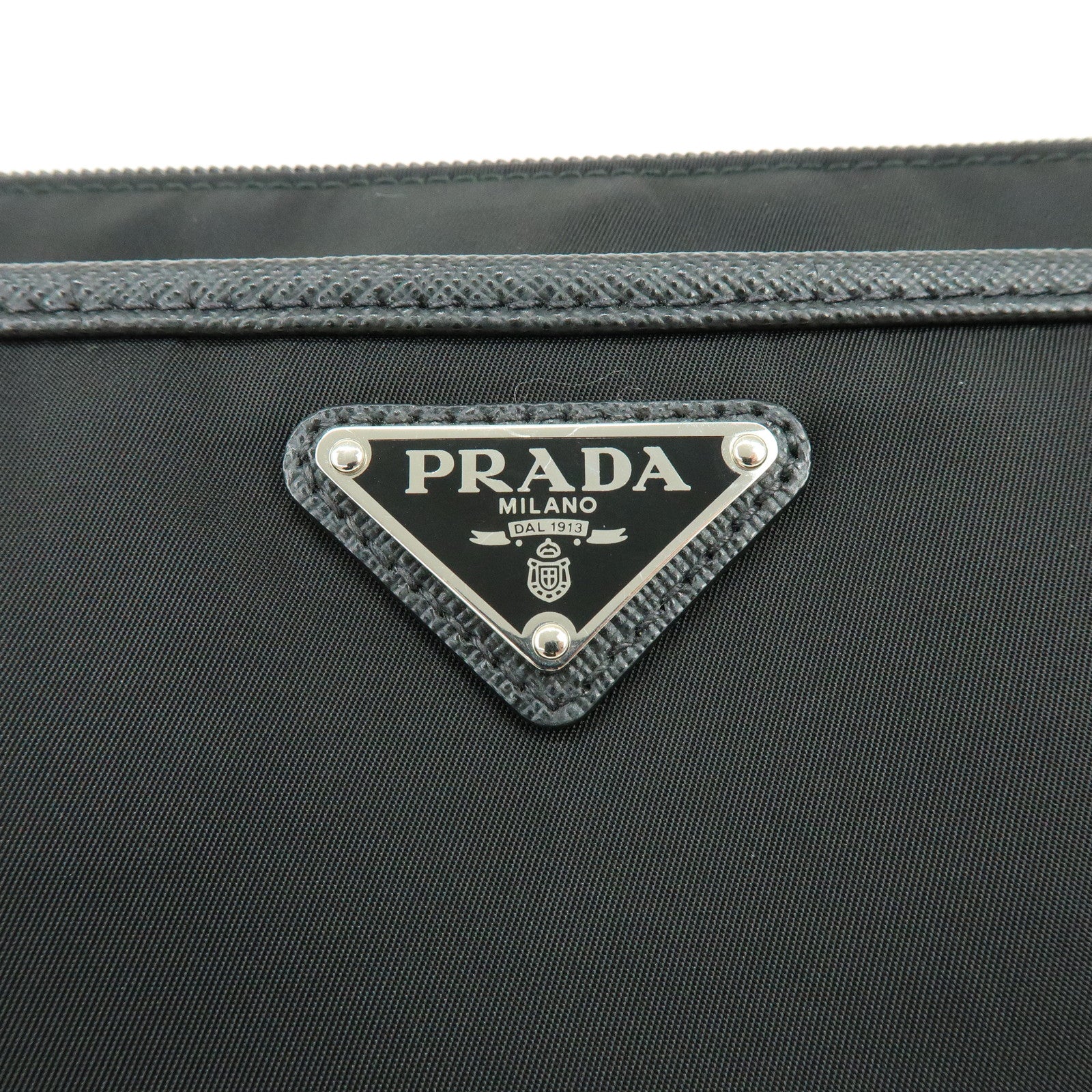 PRADA Triangle Logo Nylon Saffiano Leather Clutch Bag Black 2VN012