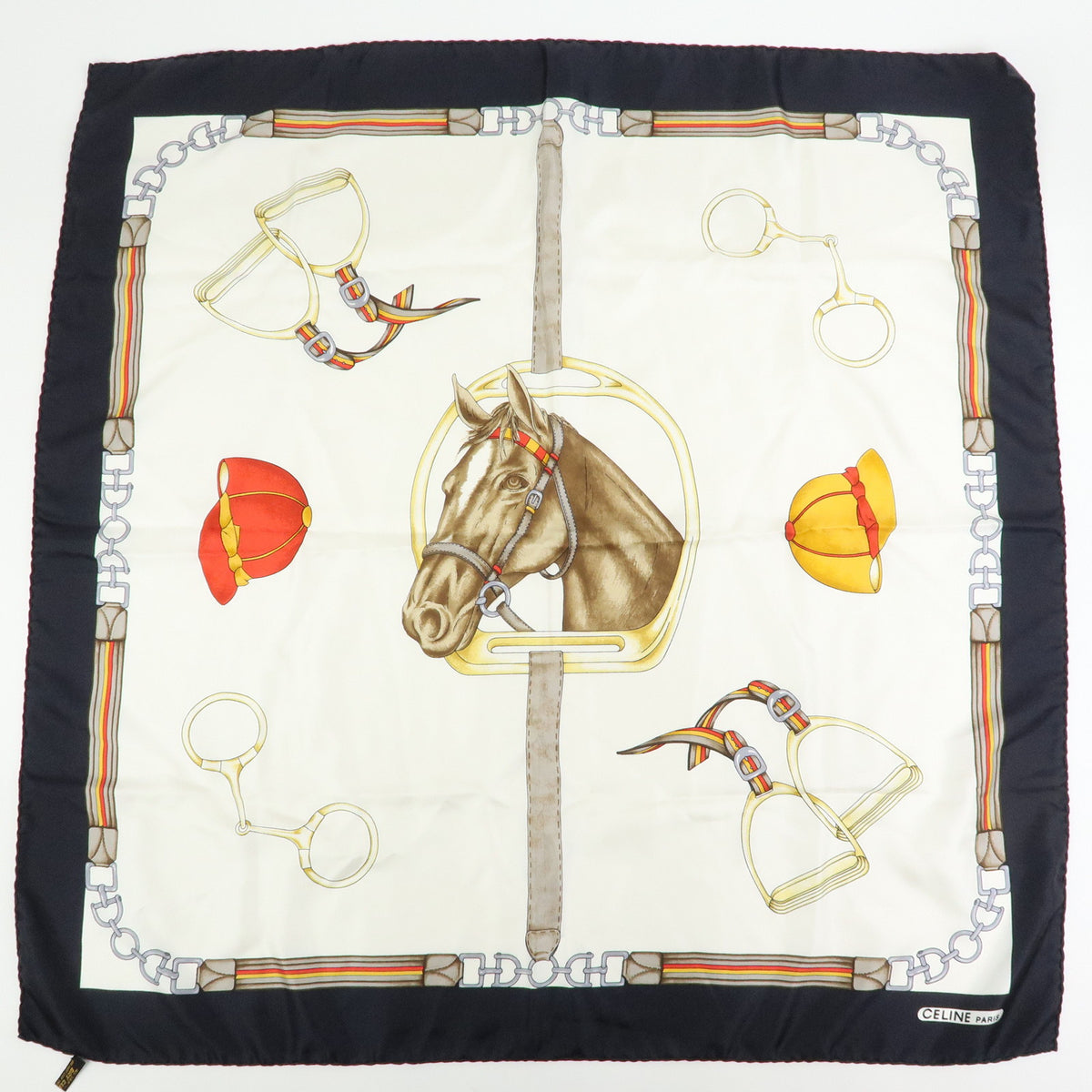 CELINE Lot of 2 Silk 100% Scarf Horse Motif Navy Black Gold White