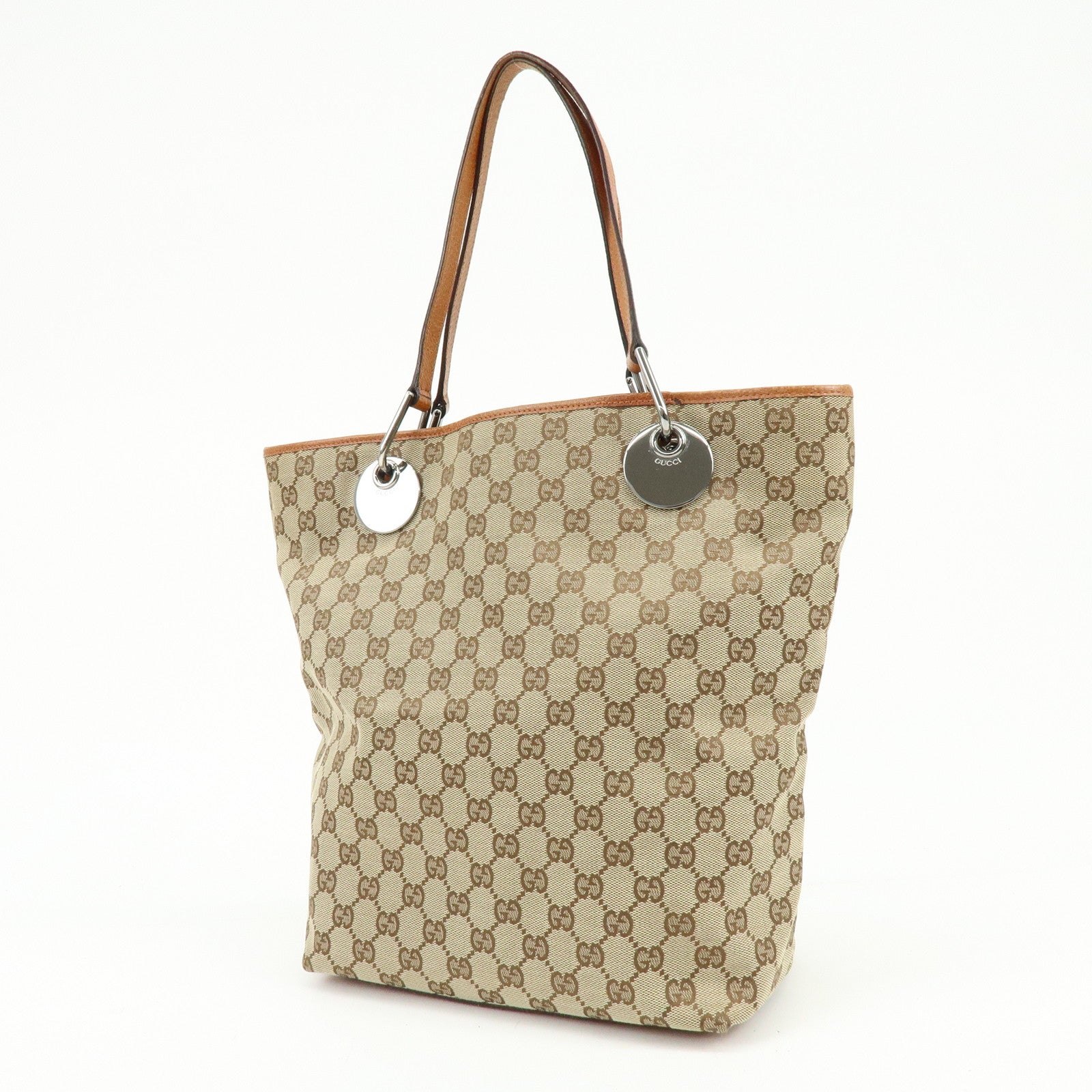 GUCCI GG Canvas Leather Tote Bag Shoulder Bag Beige Orange 120836