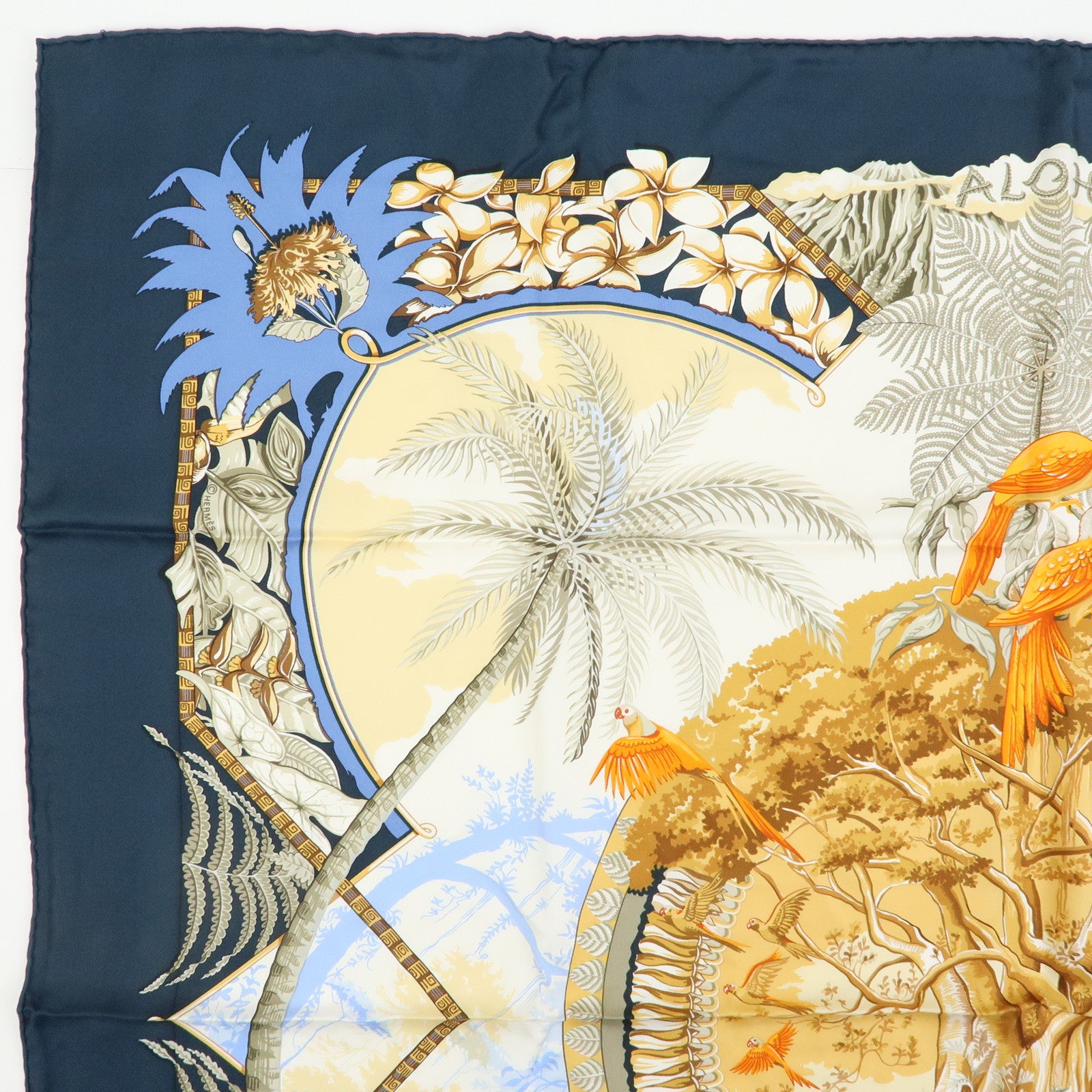 HERMES Carre 90 Silk 100% Scarf ALOHA Navy Light Brown
