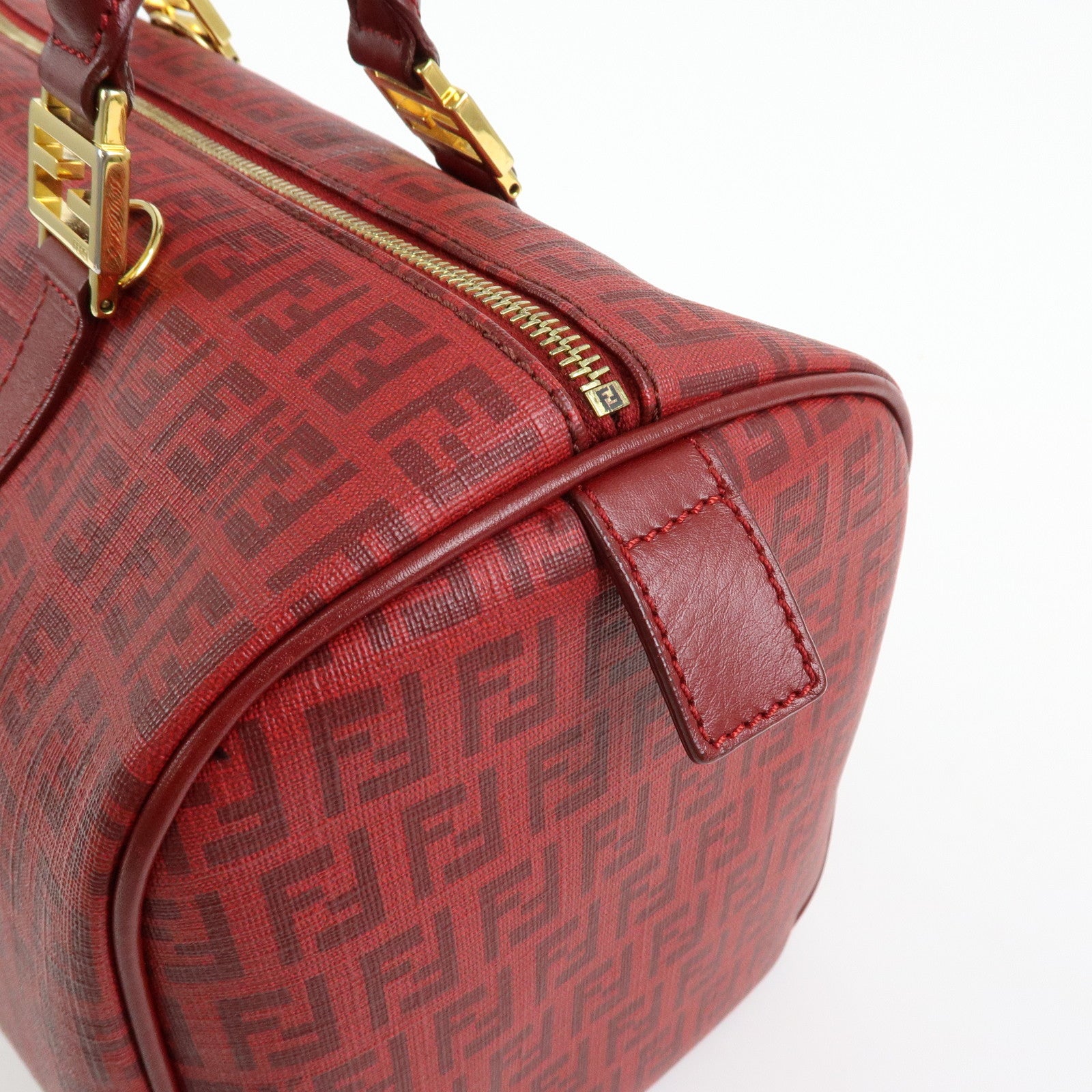 FENDI Zucchino PVC Leather Boston Bag Hand Bag Red 8BL098