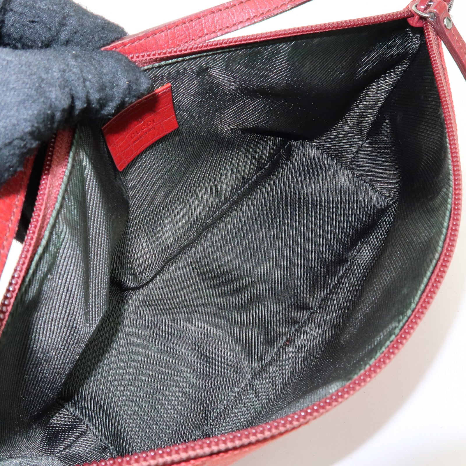 GUCCI Boat Bag GG Canvas Leather Accessory Pouch Hand Bag Red 07198