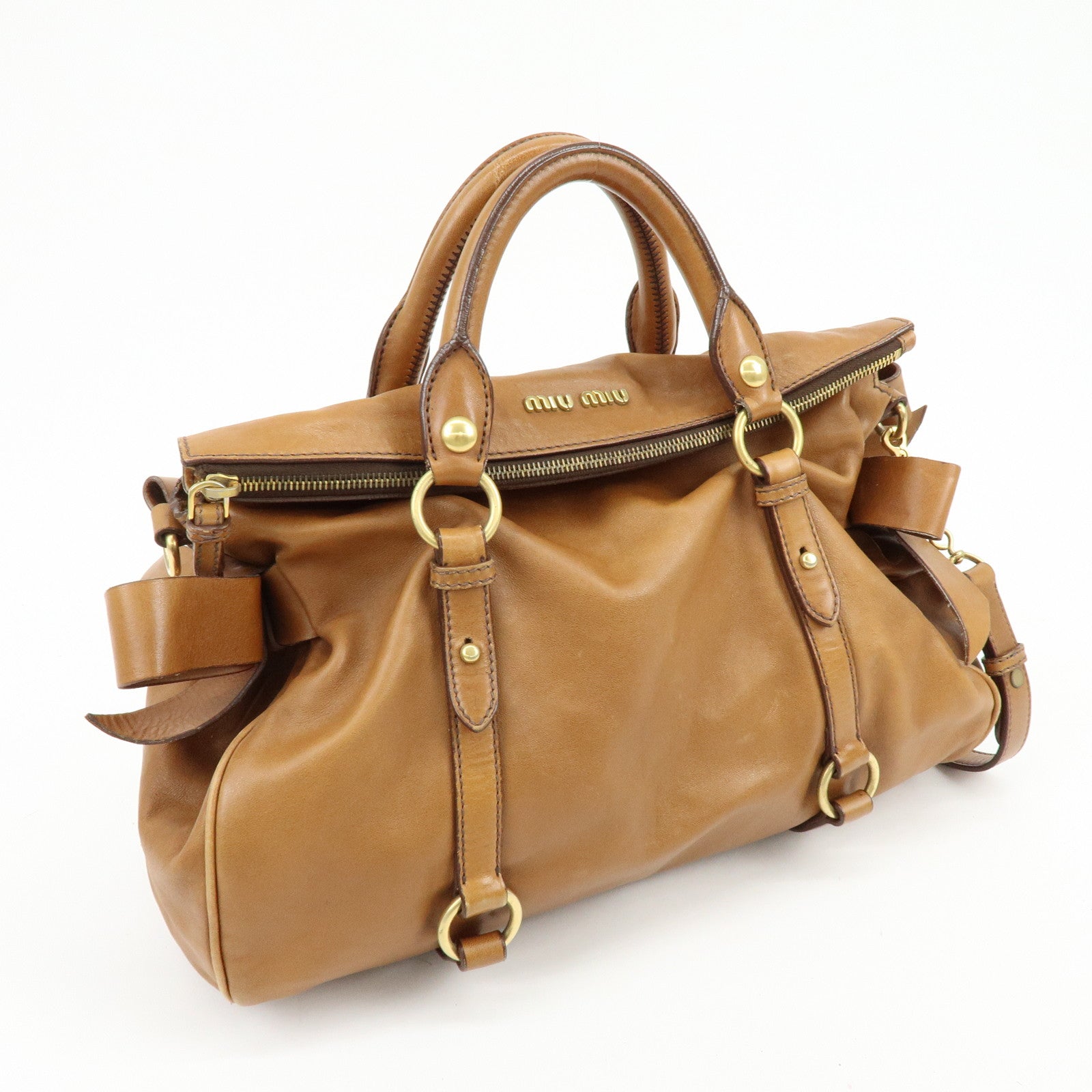 MIU MIU Leaether Ribbon 2Way Bag Hand Bag Shoulder Bag Brown