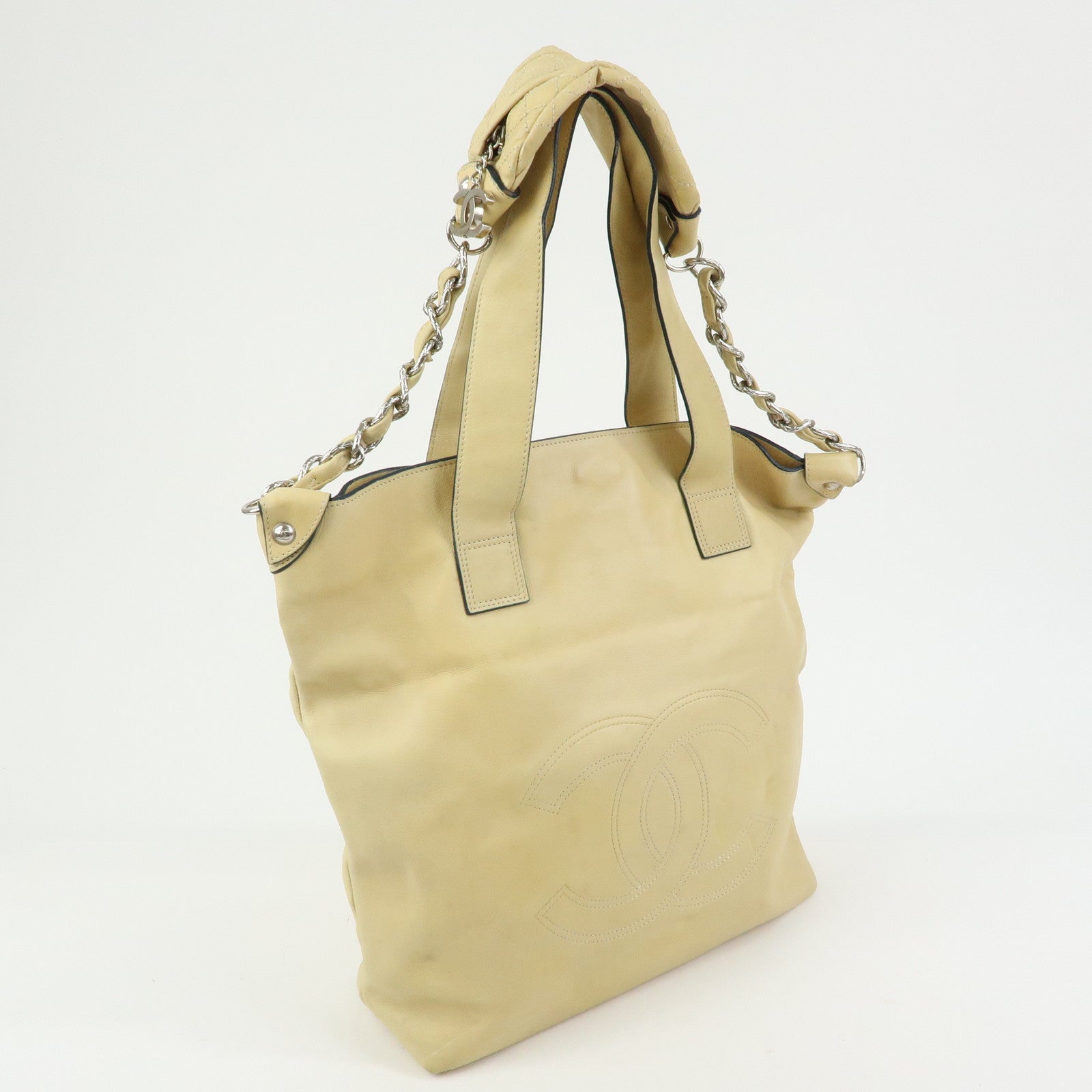 CHANEL COCO Mark Calf Leather 2Way Bag Hand Bag Shoulder Bag Beige