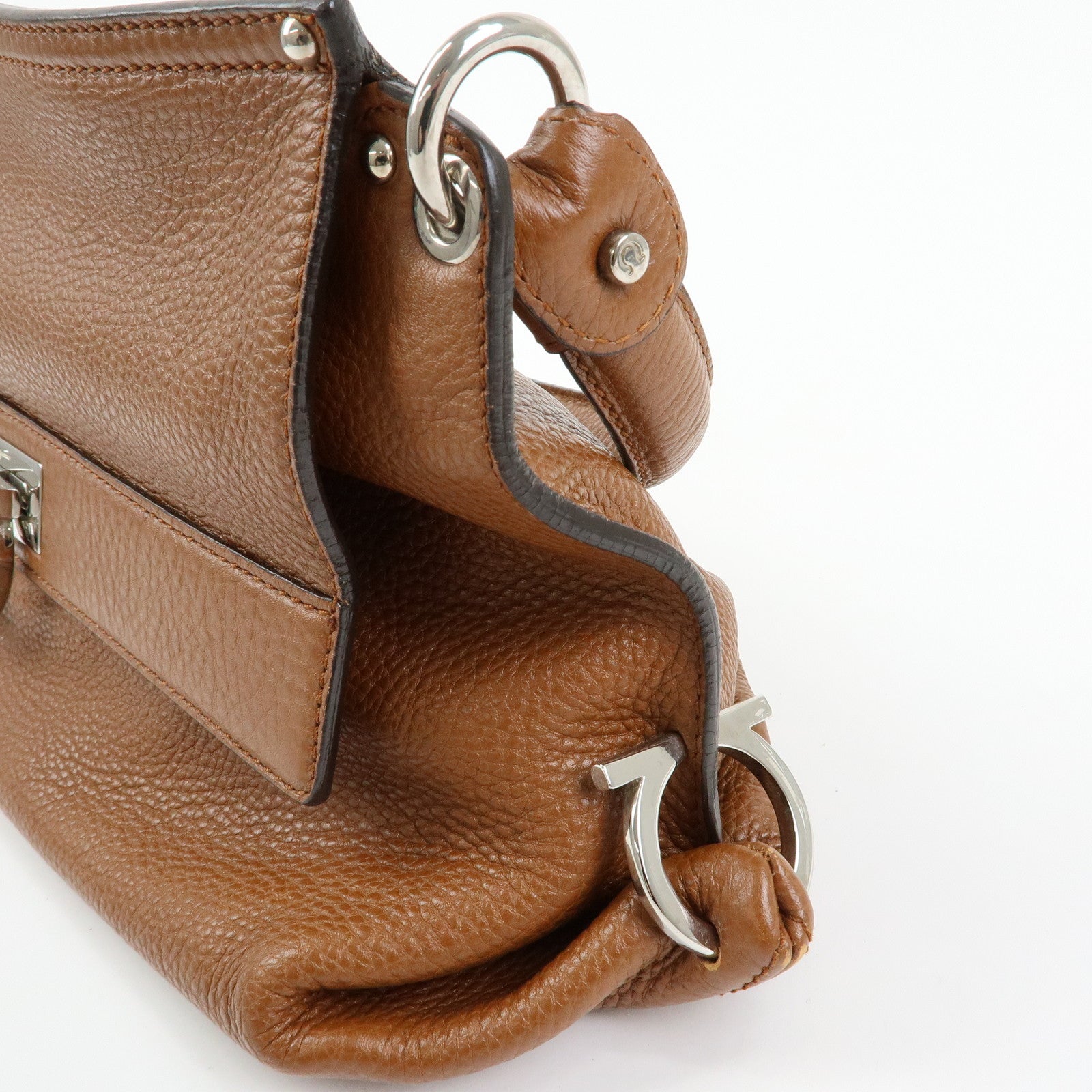 Ferragamo Gancini Leather Shoulder Bag Hand Bag Brown