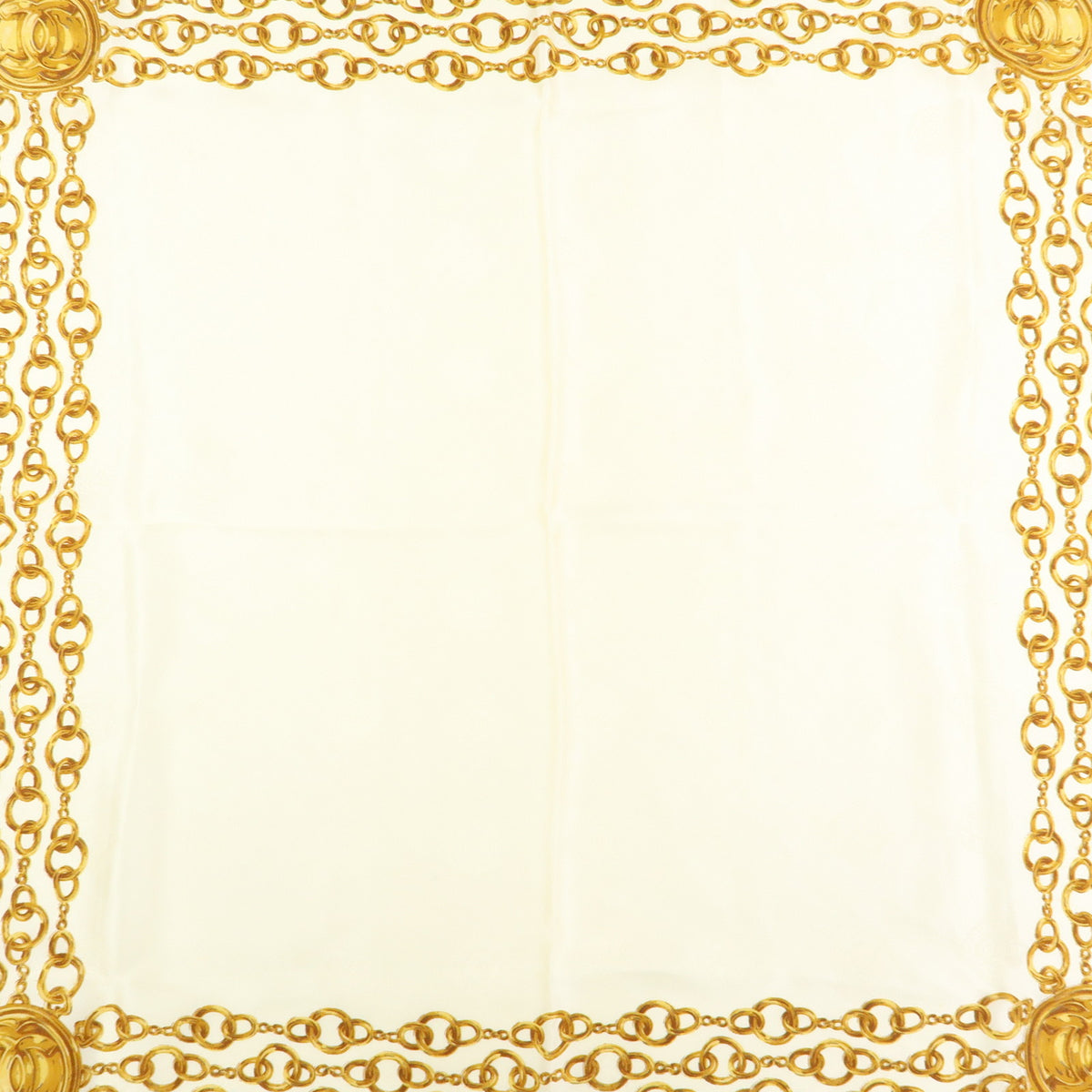 CHANEL Silk 100% Scarf  Gold Chain Motif Light Blue White