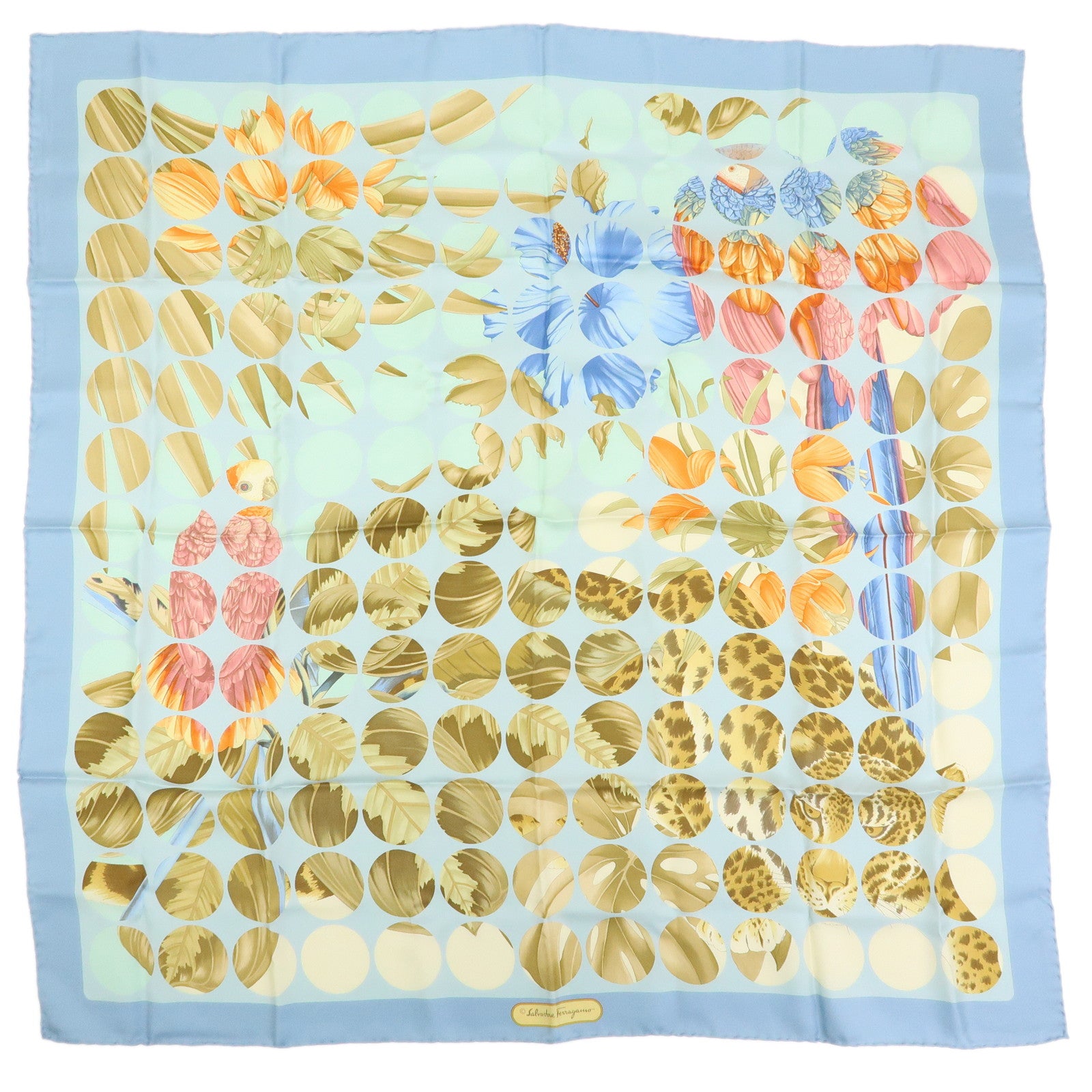 Ferragamo Silk 100% Scarf Leopard Bird Floral Print Light Blue Brown