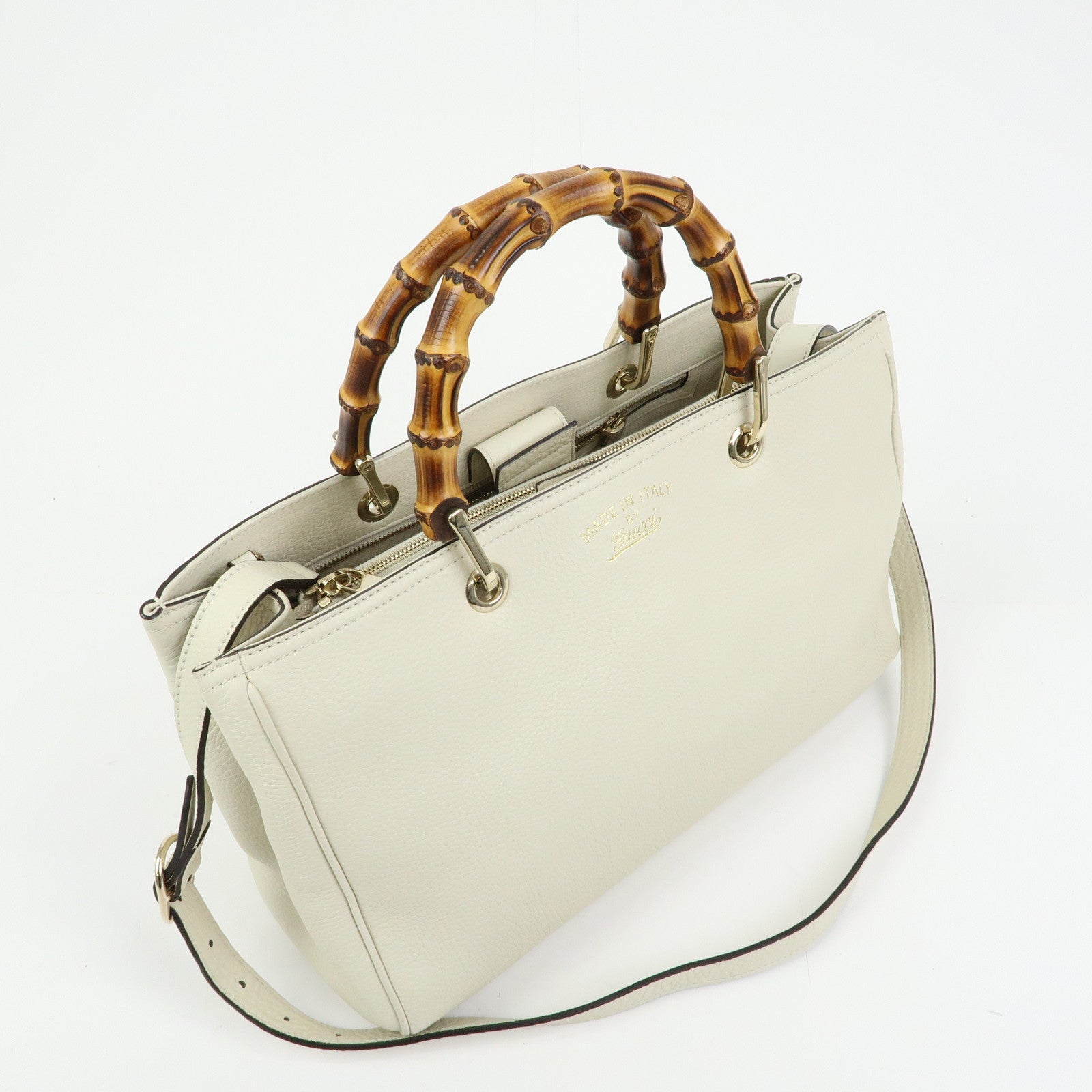 GUCCI Bamboo Shopper Medium Leather 2Way Bag Hand Bag White 323660