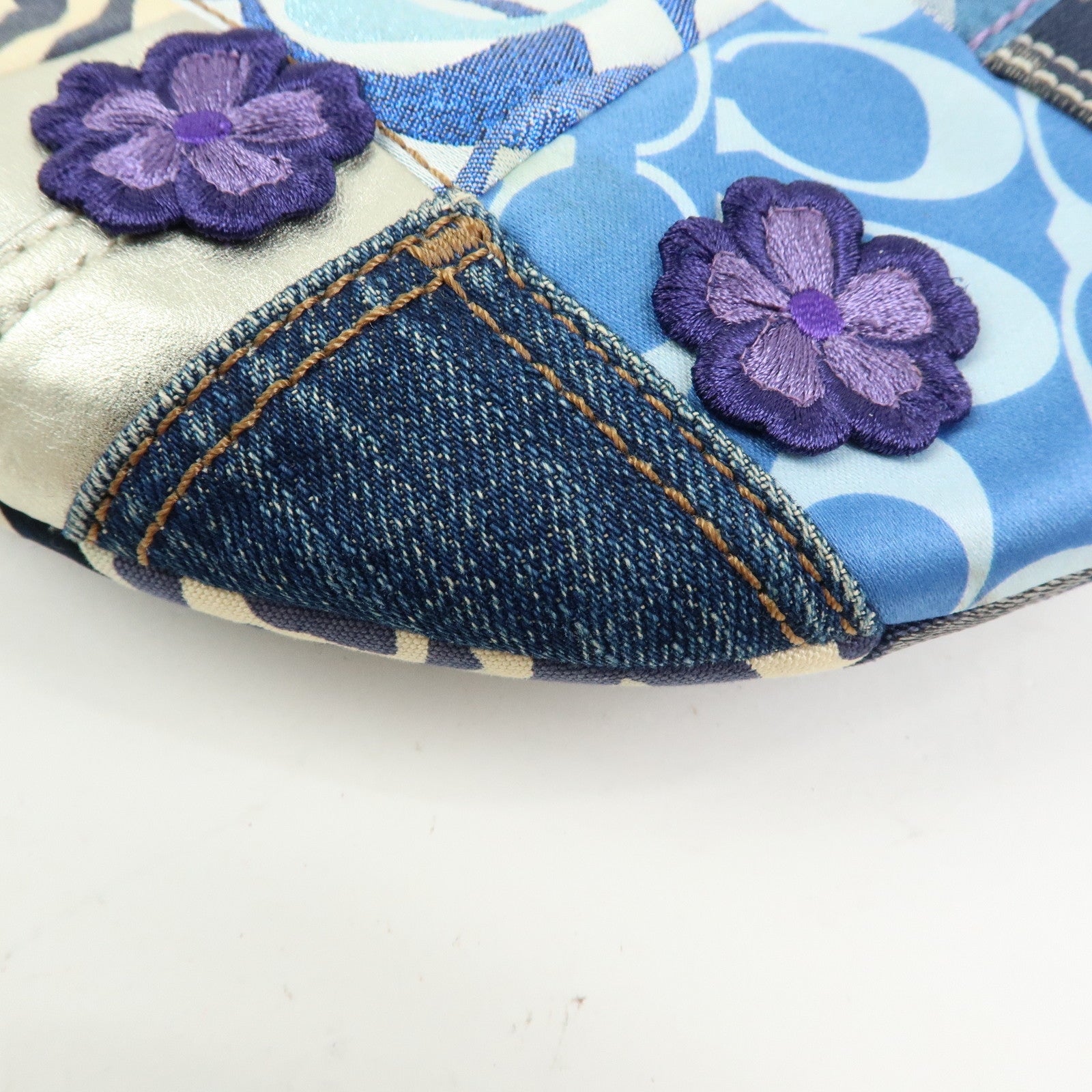 COACH Sigunature Canvas Silk Leather Patchwork Shoulder Bag Blue Brown